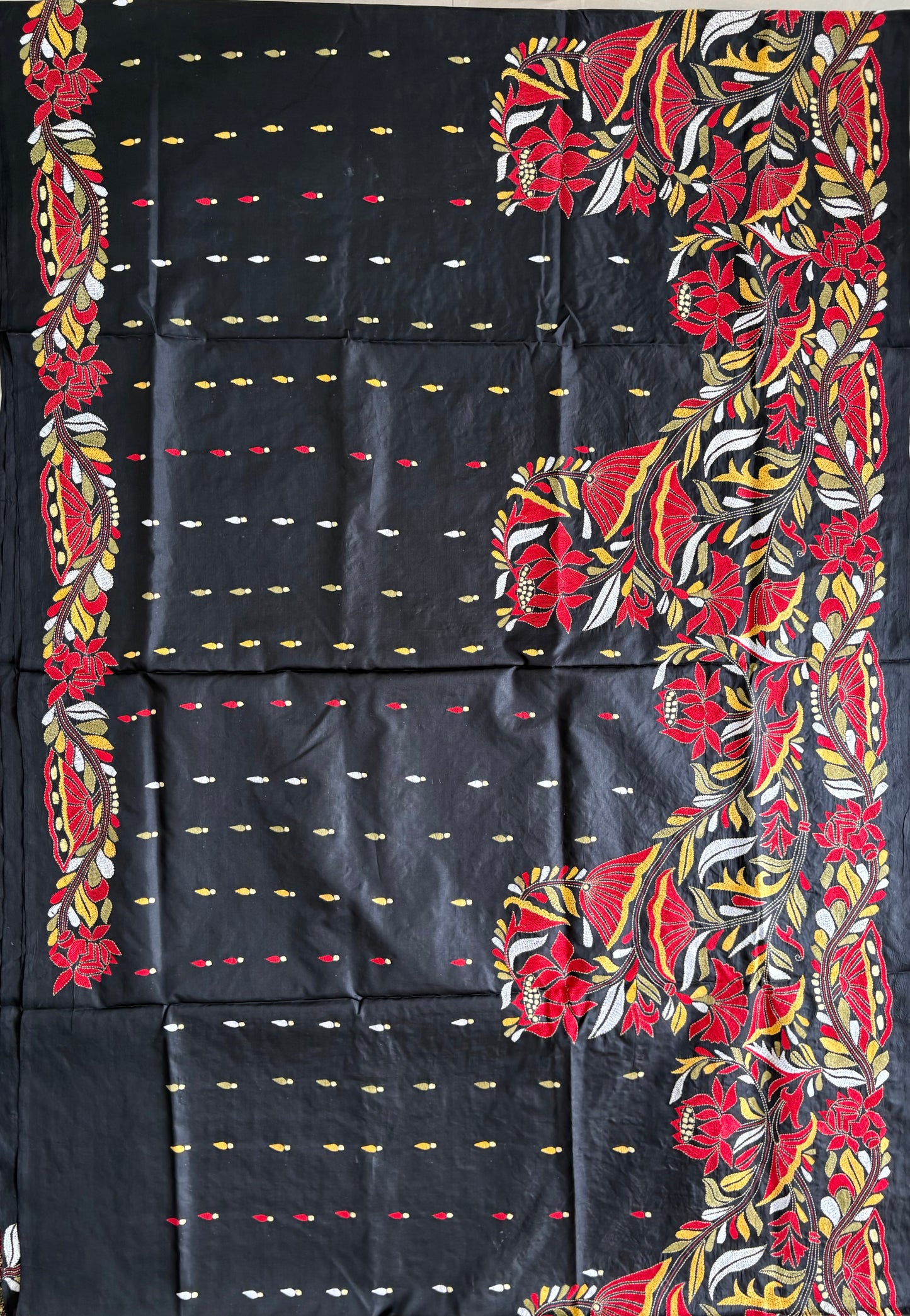 Black Kantha Stitch Hand Embroidered Pure Banglore Silk Saree (Silk Marked)