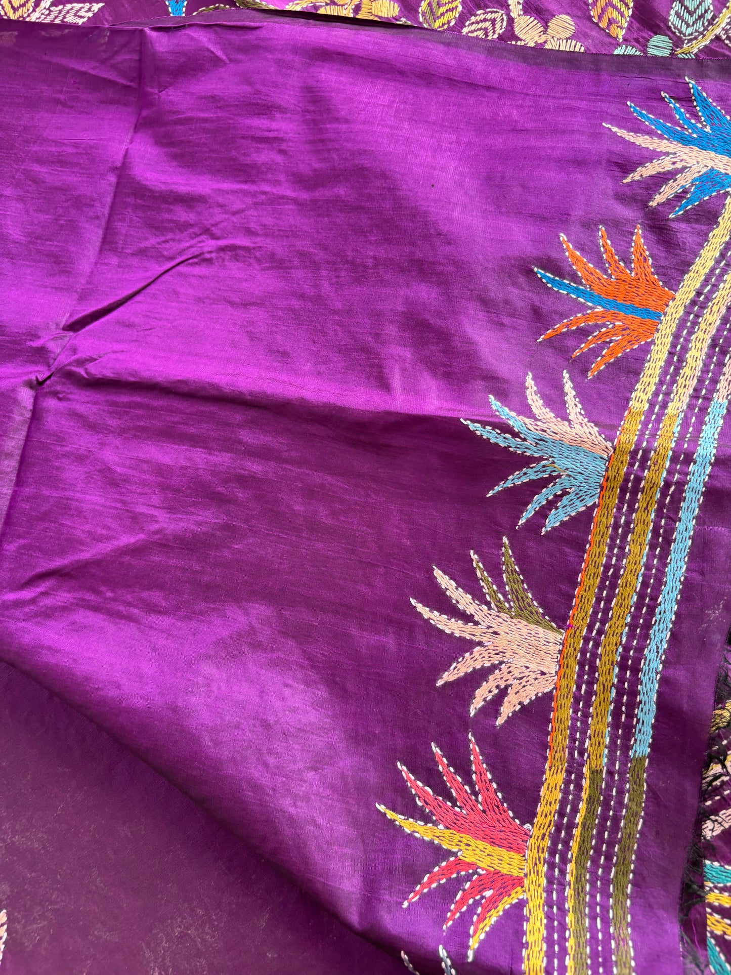 Kantha Hand Embroidery Pure Silk Saree - Flowers