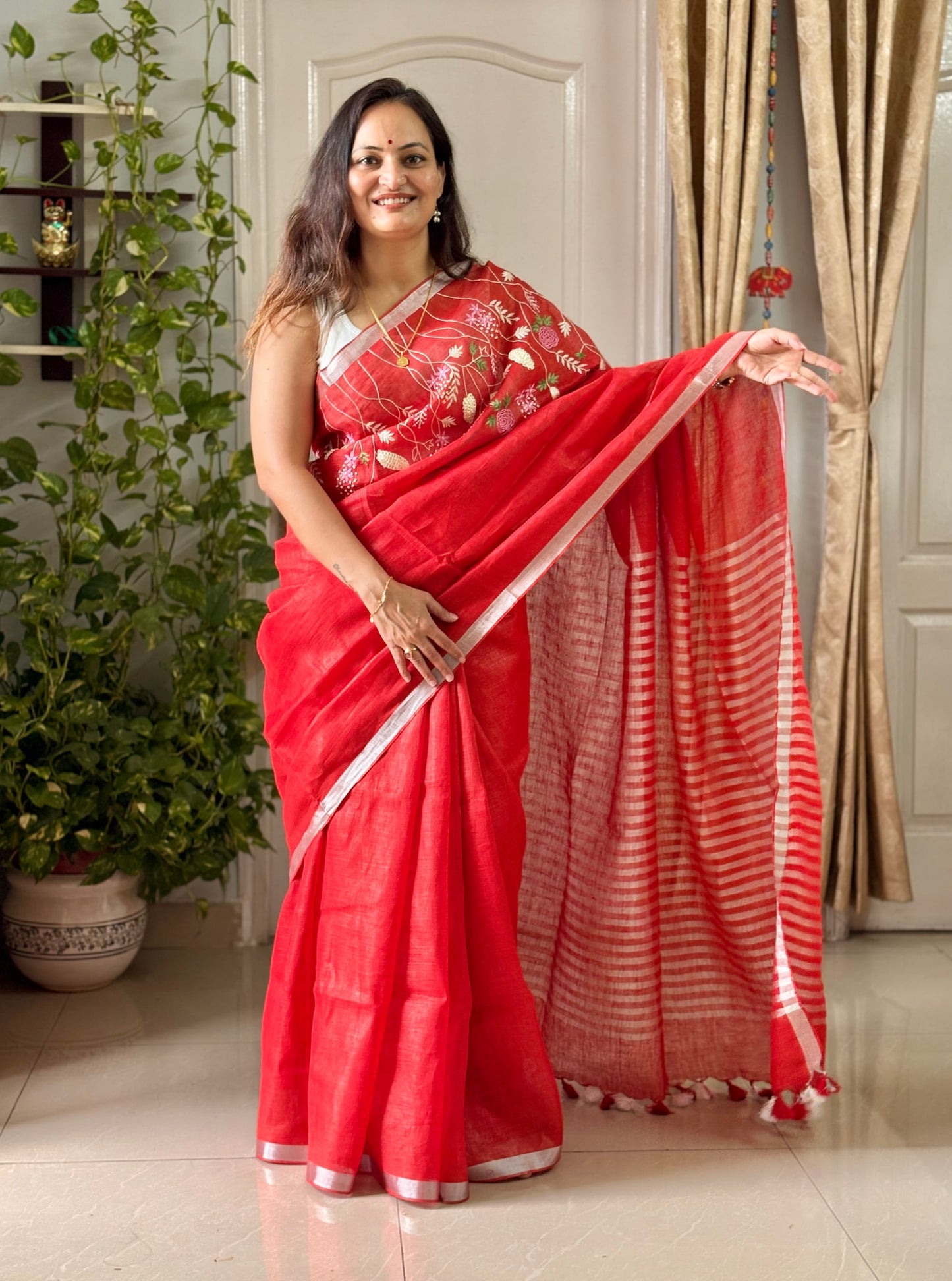 Pure Linen Saree With running Blouse - tomato Red