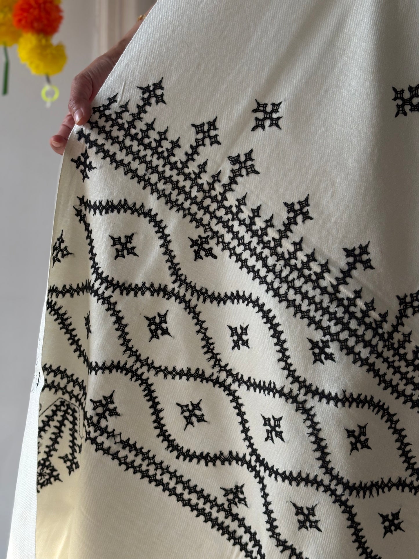 Gujrati Stitch Hand Embroidered Woollen Warm Shawl (off white)