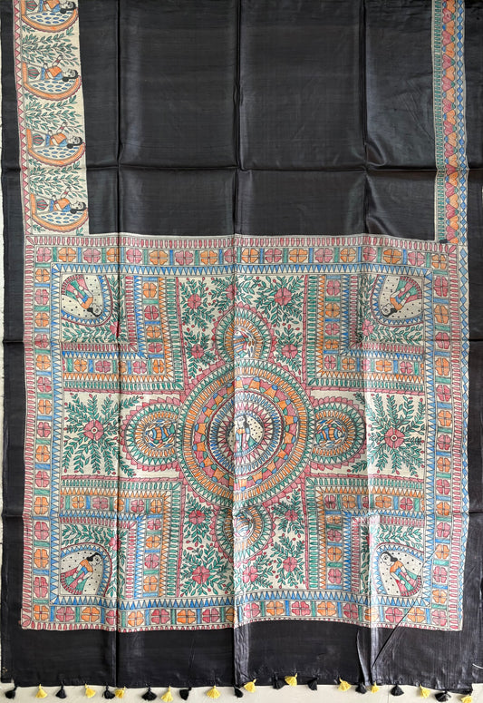 Pure Desi Tussar Silk Handcrafted Madhubani Saree (Silk Marked)