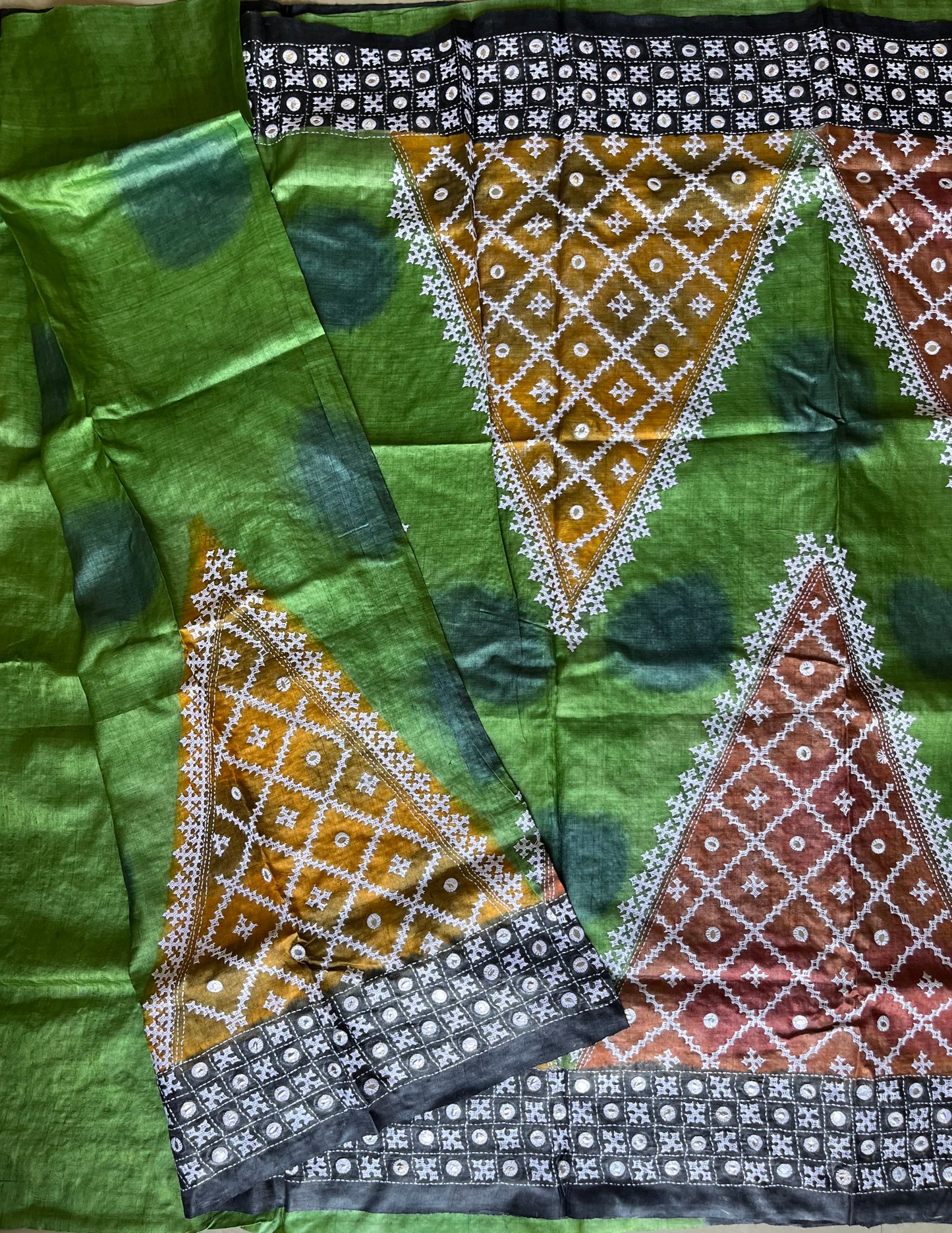 Green Kutch work/Gujrati stitch Hand Embroidered Pure Tassar Silk Saree