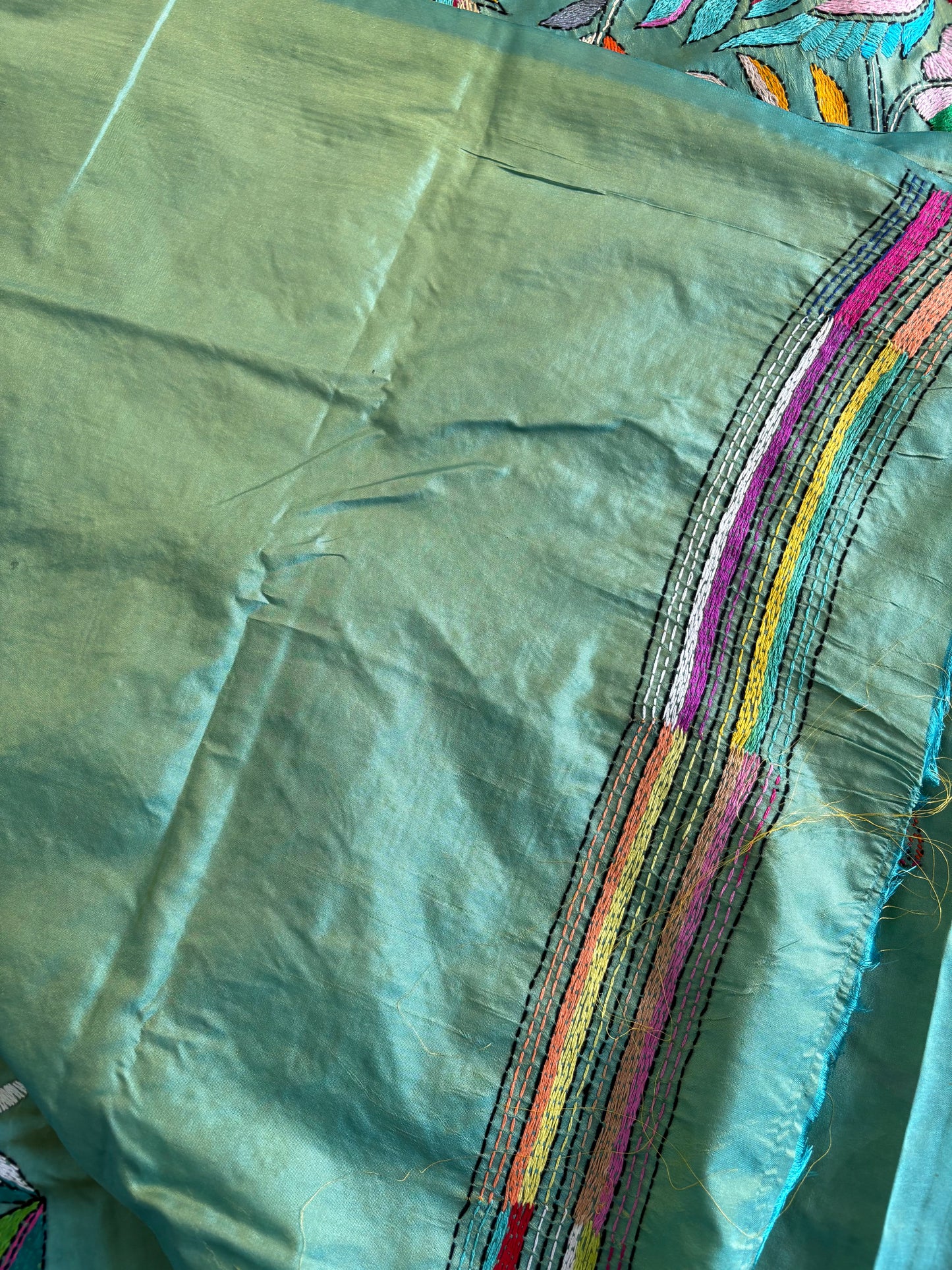 Kantha Stitch Hand Work Embroidered Art Silk Saree With Blouse