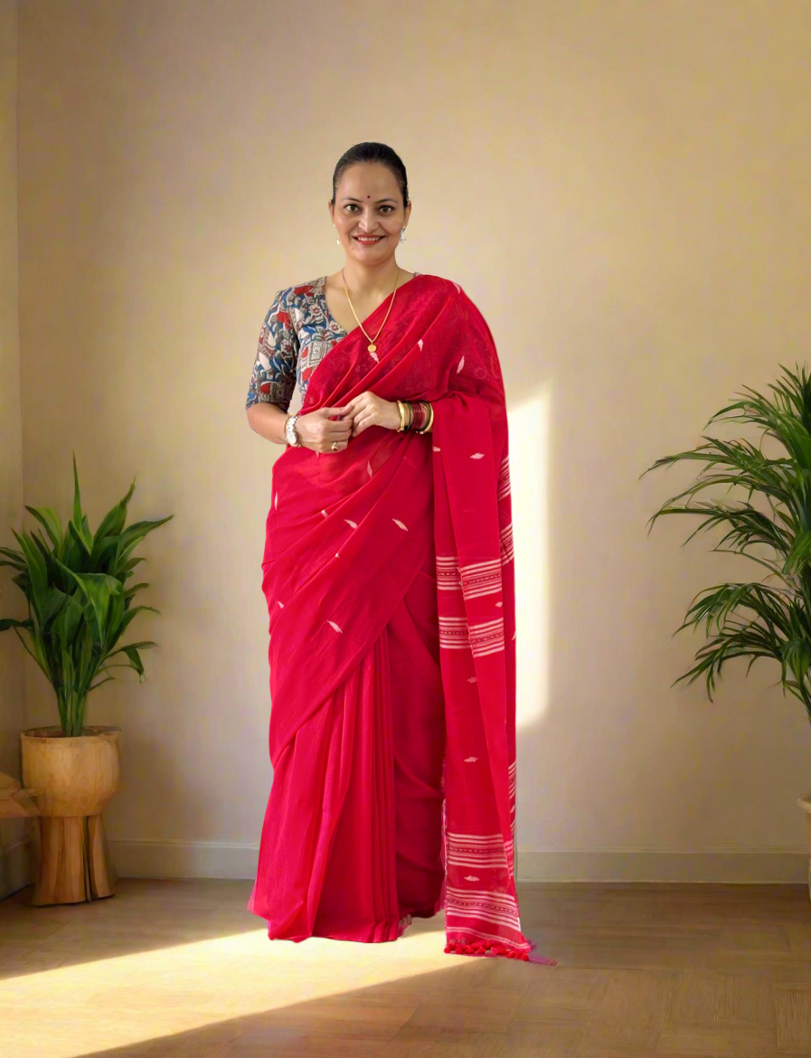 Handloom Mul Cotton Jamdani Butta Saree - Red