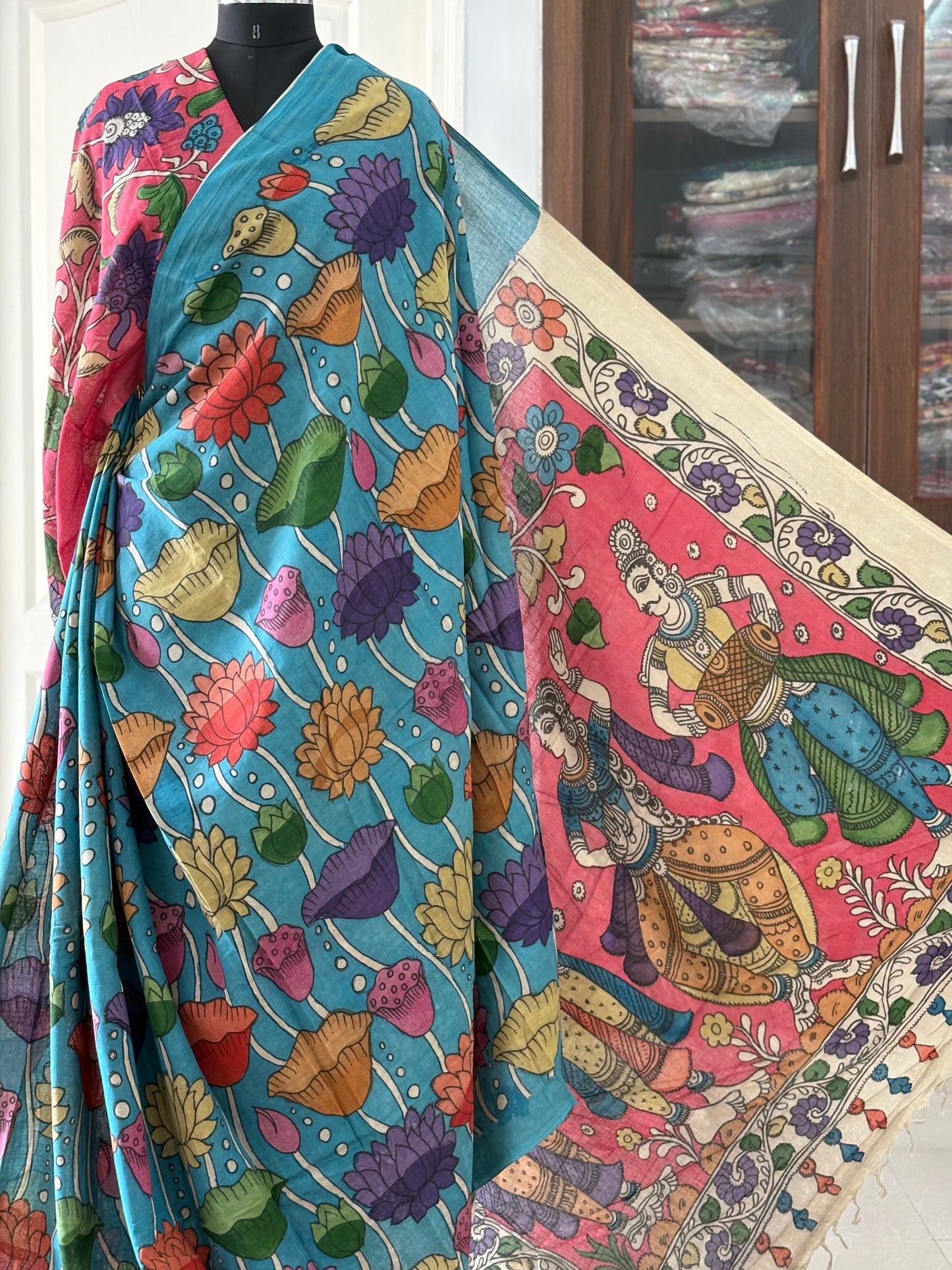 Pen Kalamkari hand painted pure cotton Saree with blouse