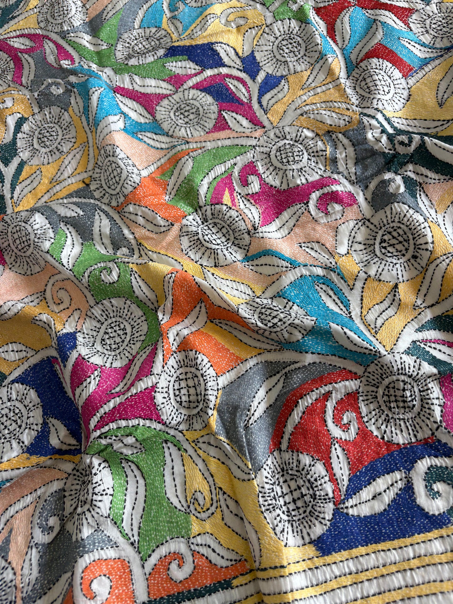 Off white Kantha Stitch Saree on Hand Art Silk