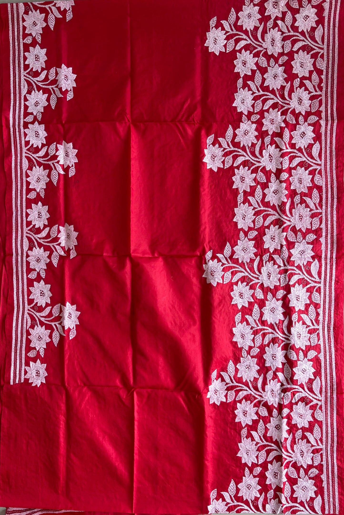 Kantha Stitch Hand Embroidered Pure Banglore Silk Saree (Silk Marked)