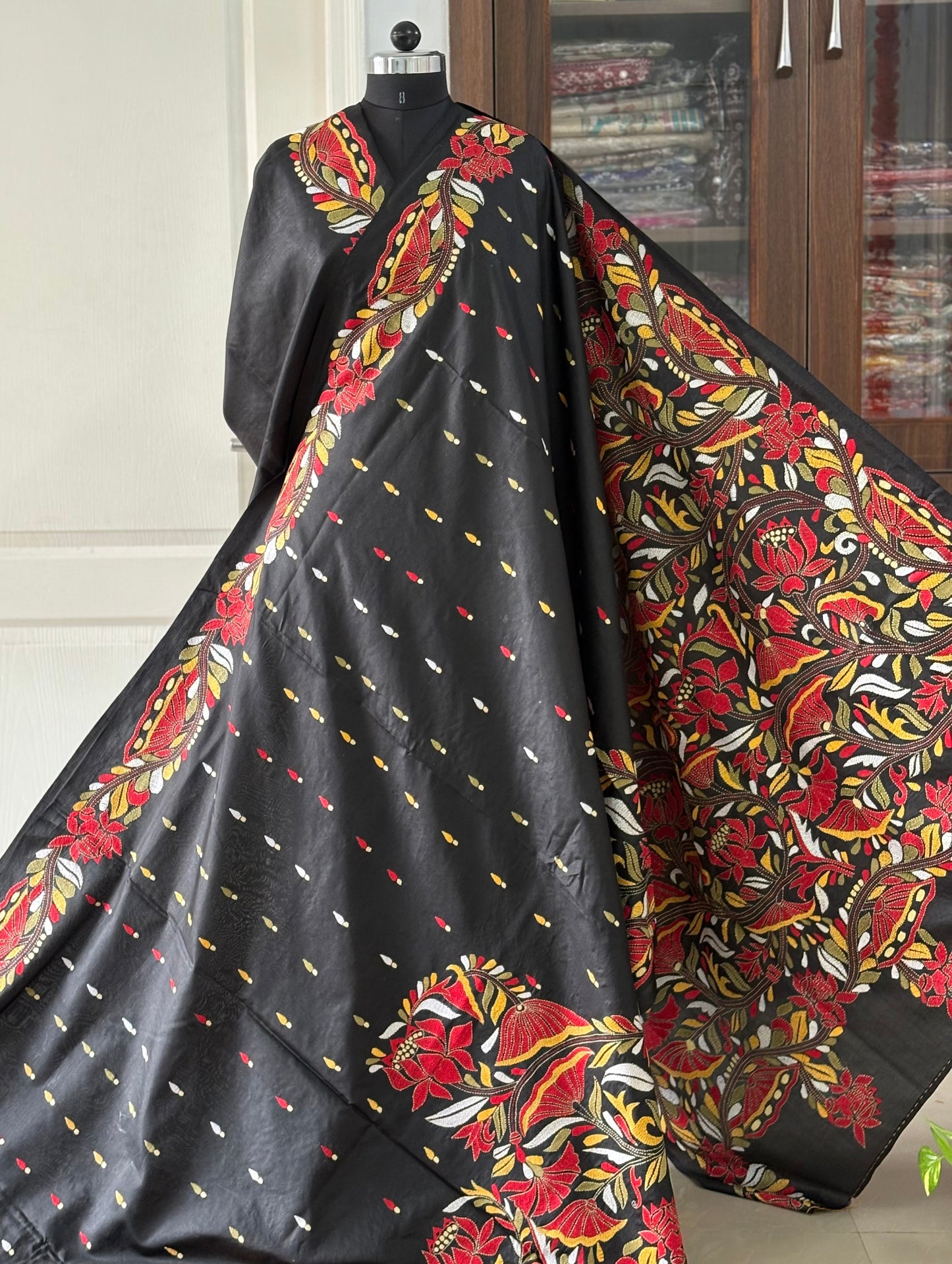 Black Kantha Stitch Hand Embroidered Pure Banglore Silk Saree (Silk Marked)