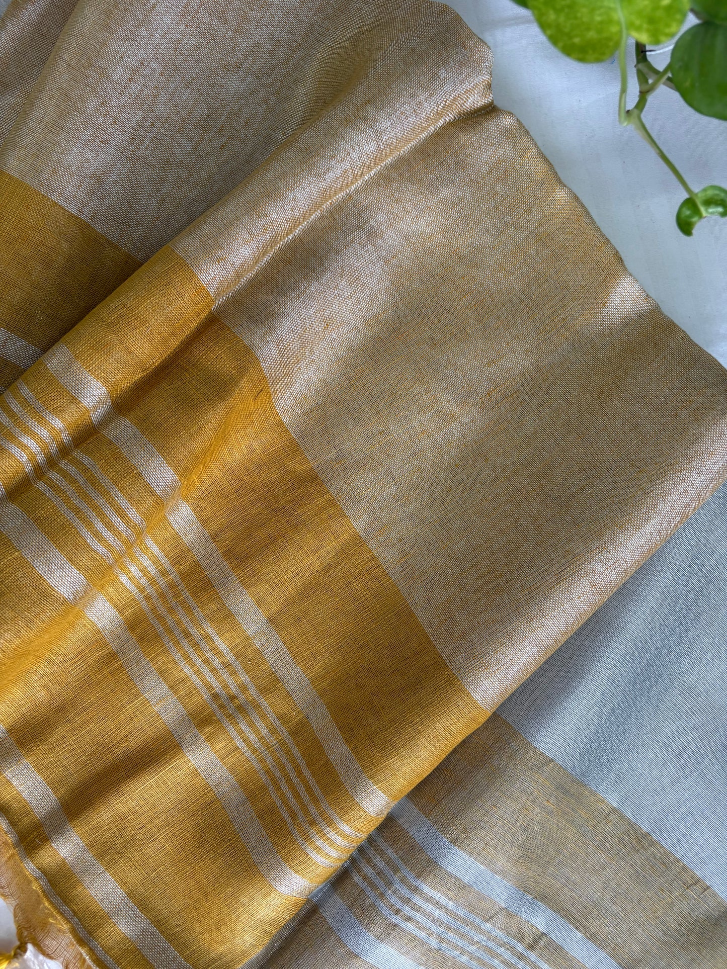Mustard silver pure Linen By Linen Saree With running Blouse