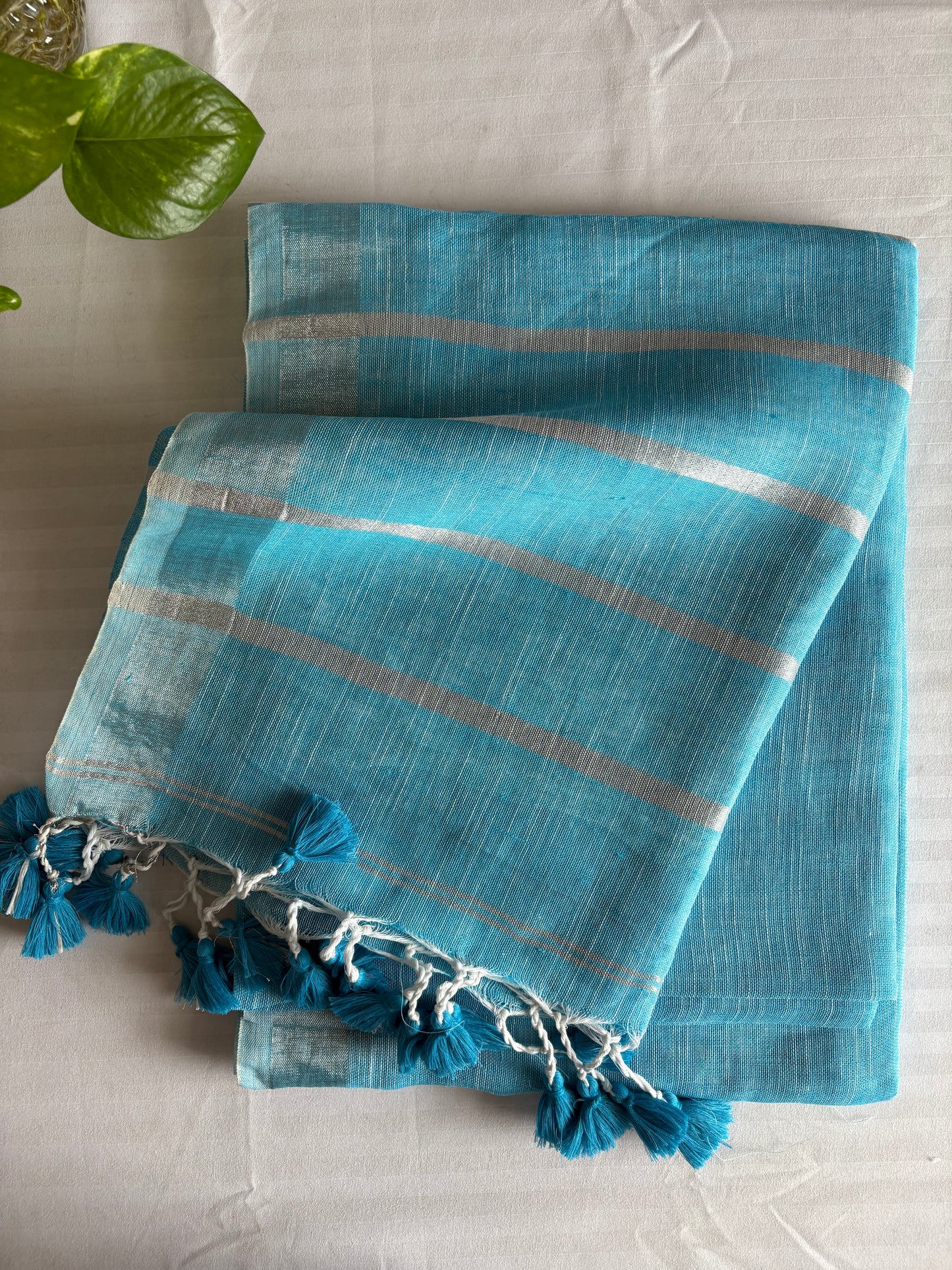 Linen By Linen Saree With Blouse - Sky Blue
