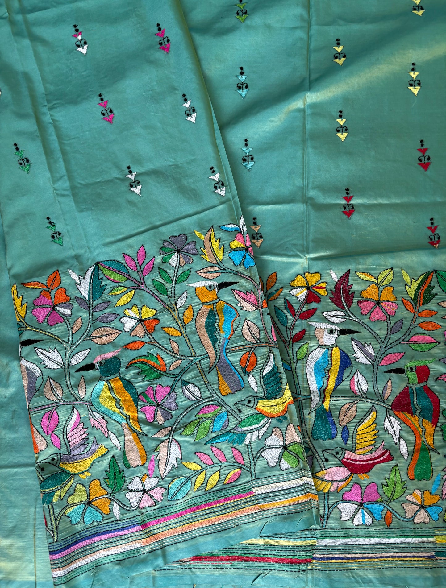 Kantha Stitch Hand Work Embroidered Art Silk Saree With Blouse