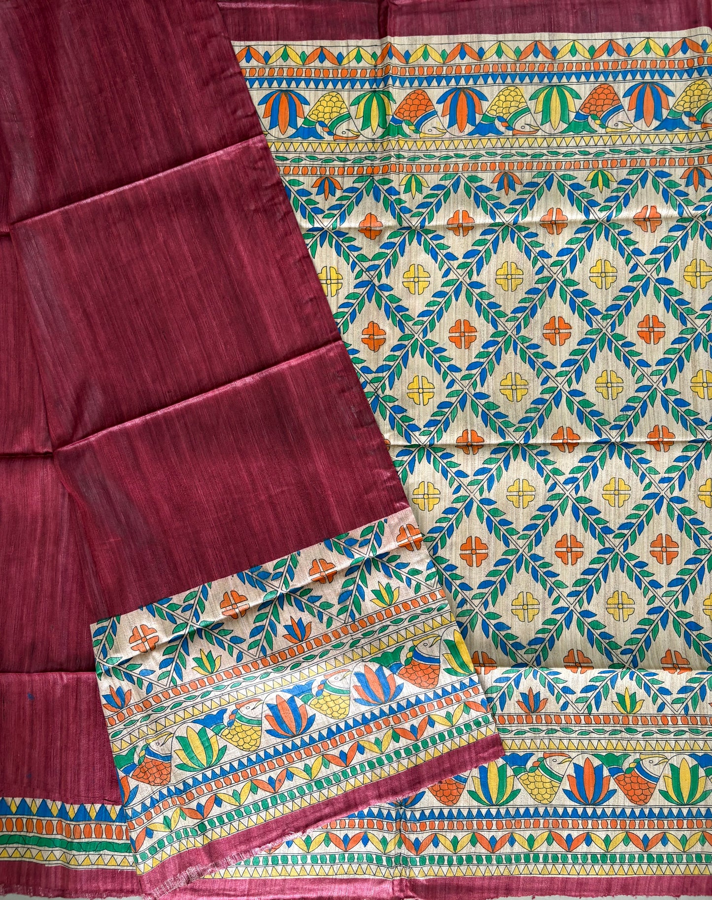 Pure Tussar Ghicha Silk Handcrafted Madhubani Half Saree (Silk Marked)