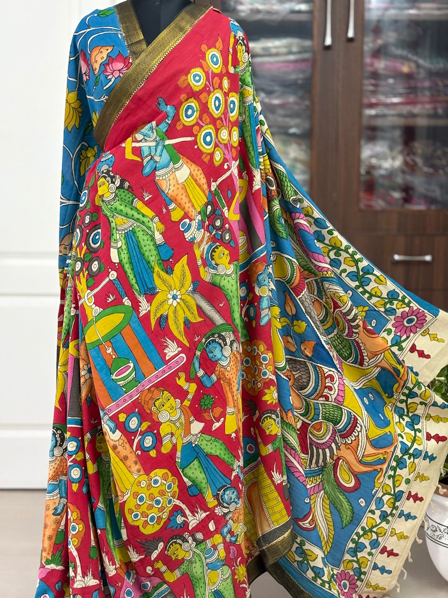 Pen Kalamkari hand painted pure cotton Saree with blouse