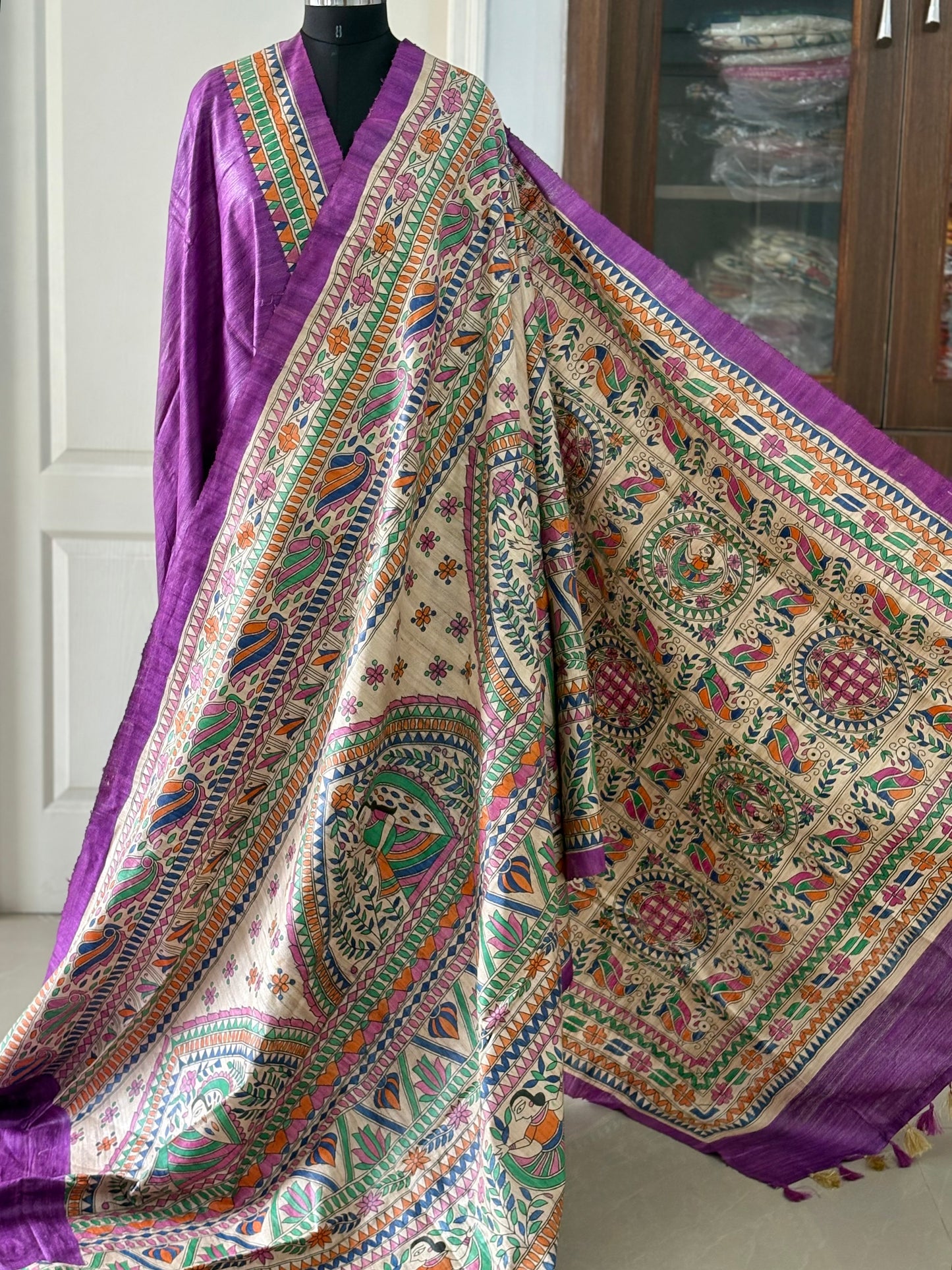 Pure Tussar Ghicha Silk Handcrafted Madhubani Half Saree (Silk Marked)