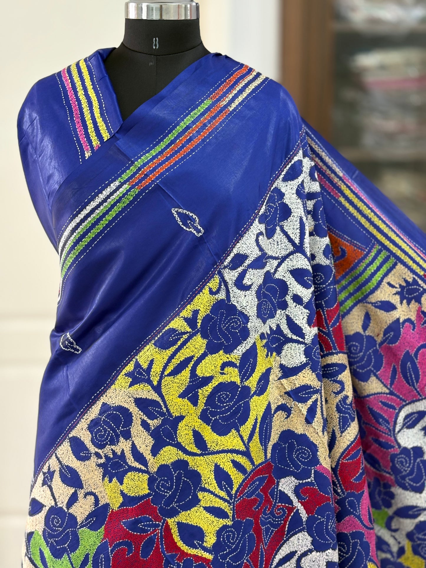 Kantha Hand Embroidered Blended Banglore Silk/Art Silk Saree With Blouse