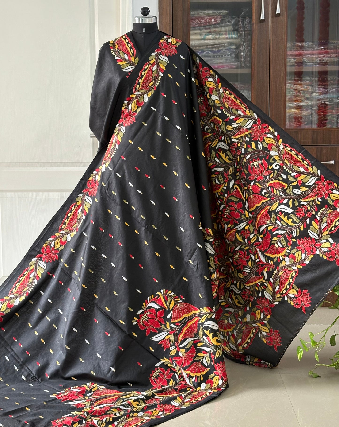 Black Kantha Stitch Hand Embroidered Pure Banglore Silk Saree (Silk Marked)