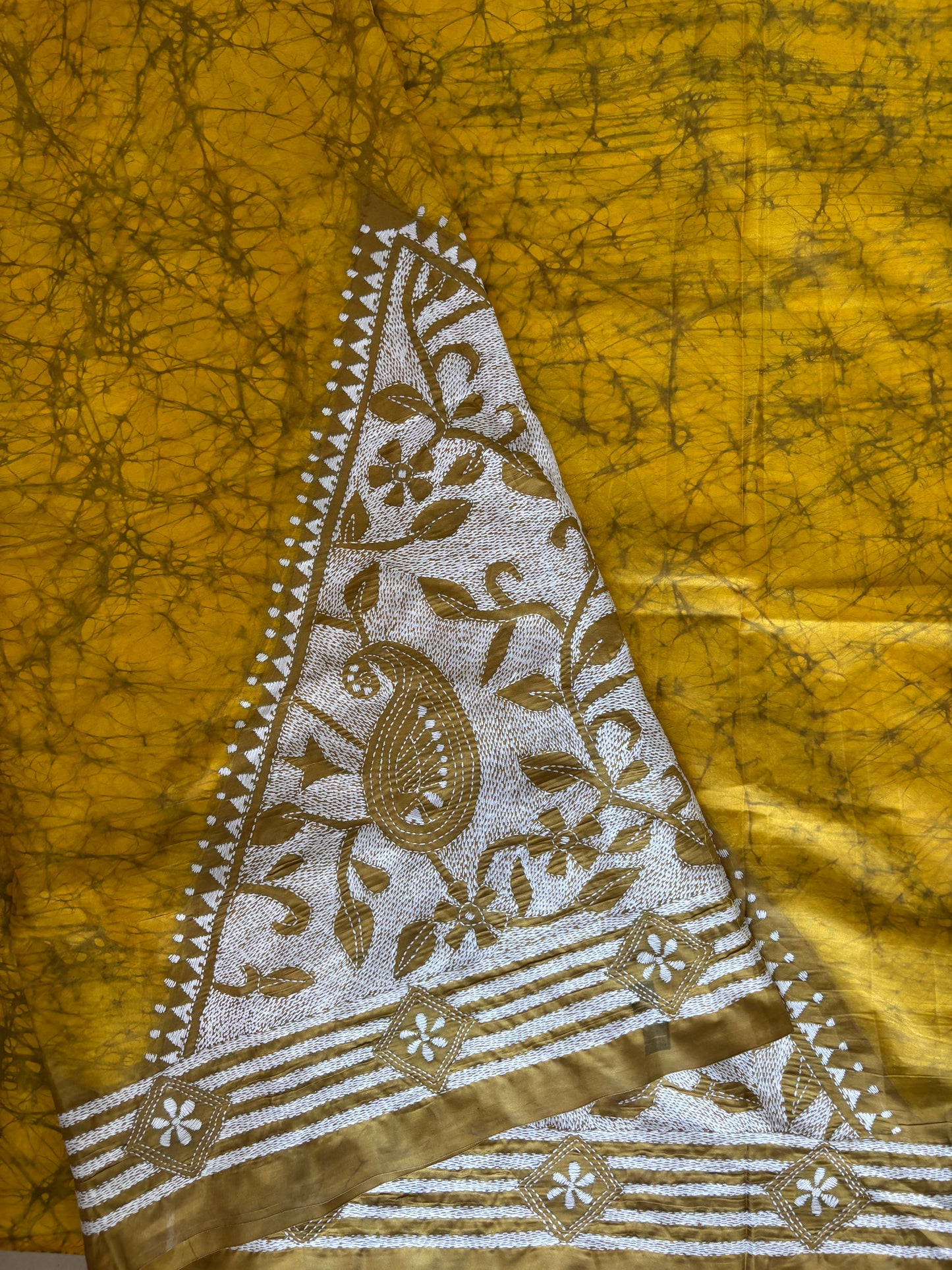 Kantha Hand Embroidered Hand Batik Art Silk Saree With Blouse