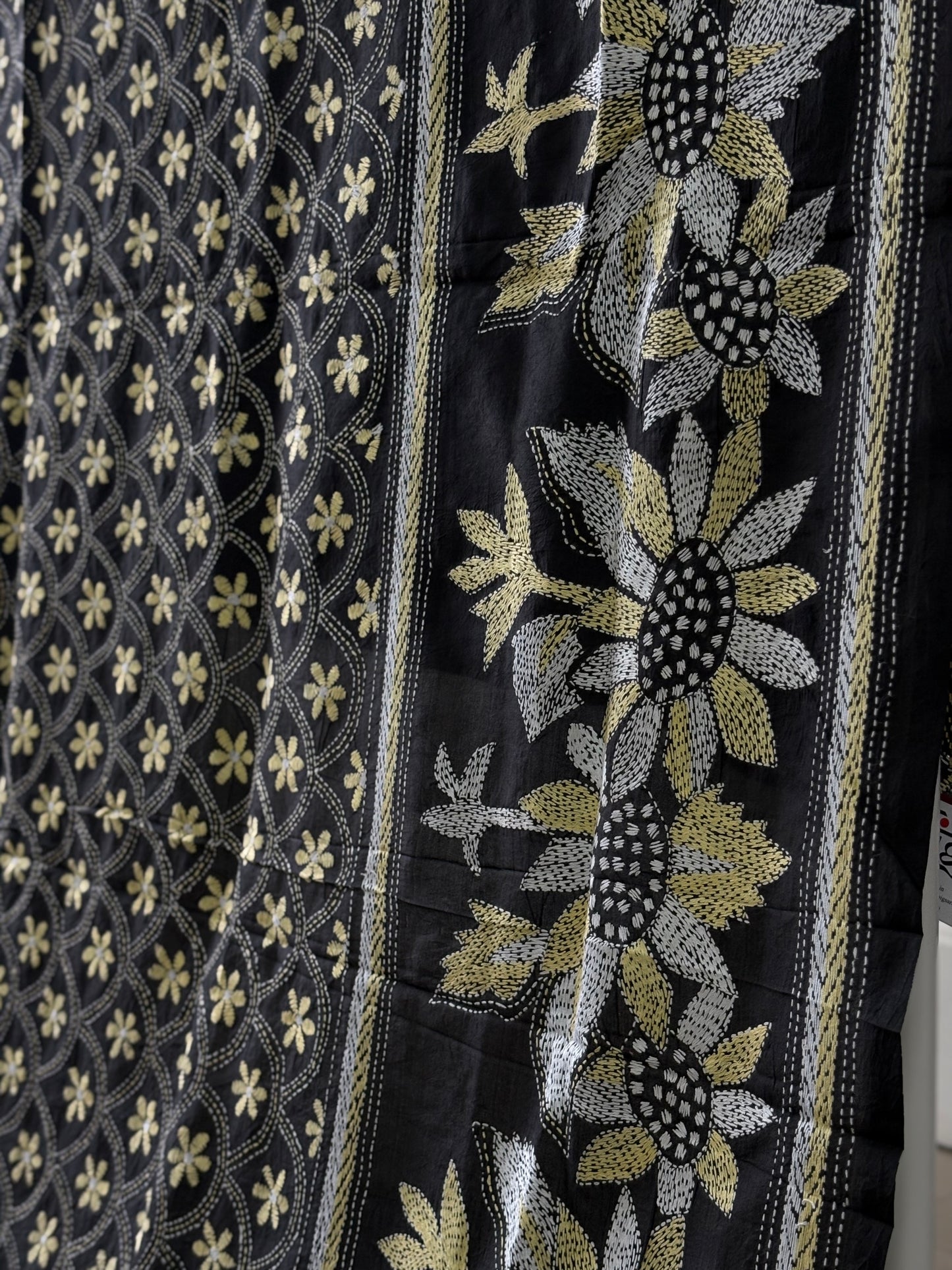 Kantha Stitch Hand Embroidary Full Work Pure Banglore Silk Dupatta - Black