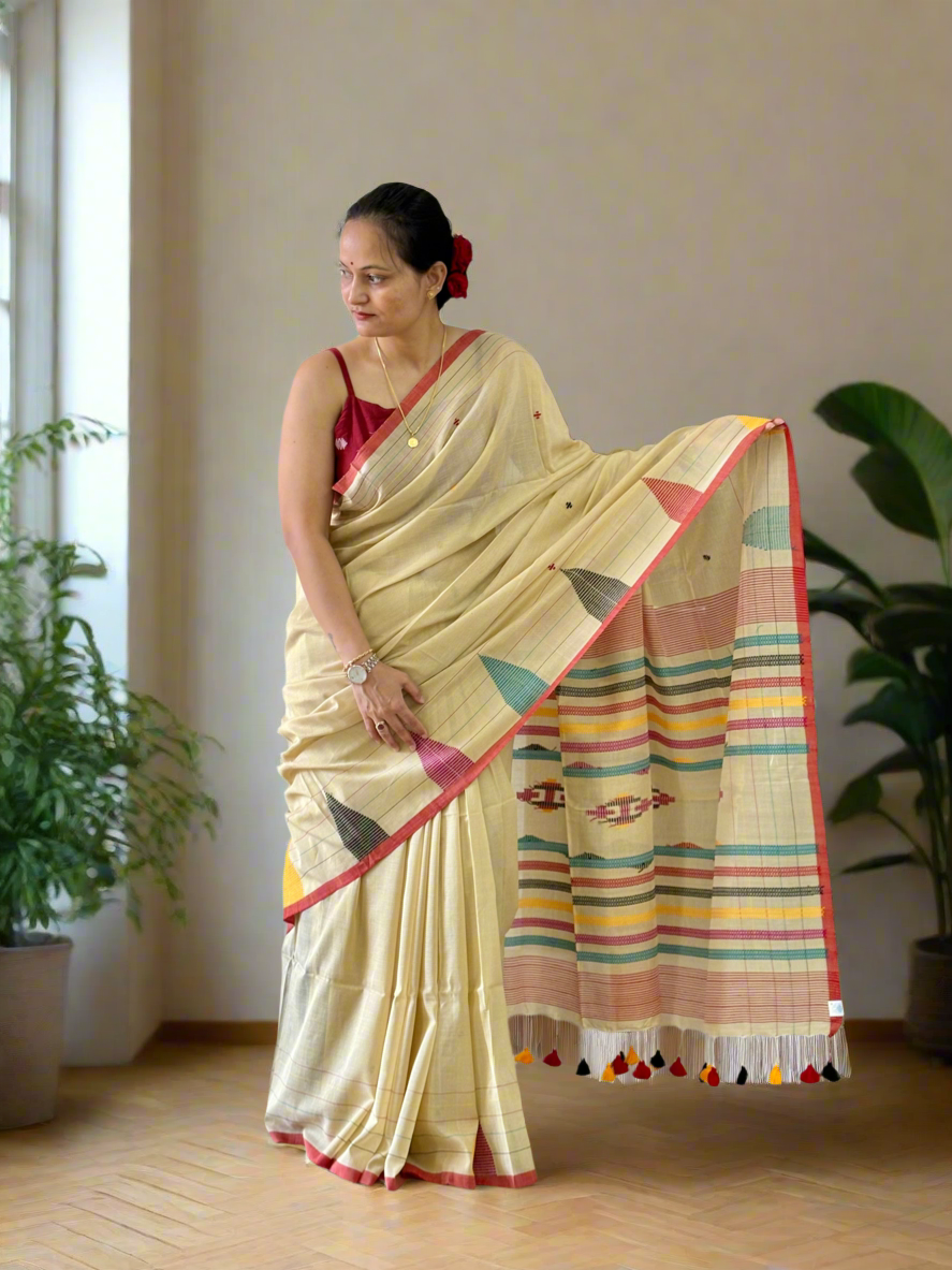 Pure Cotton handwoven Saree (Handloom Marked) - Beige