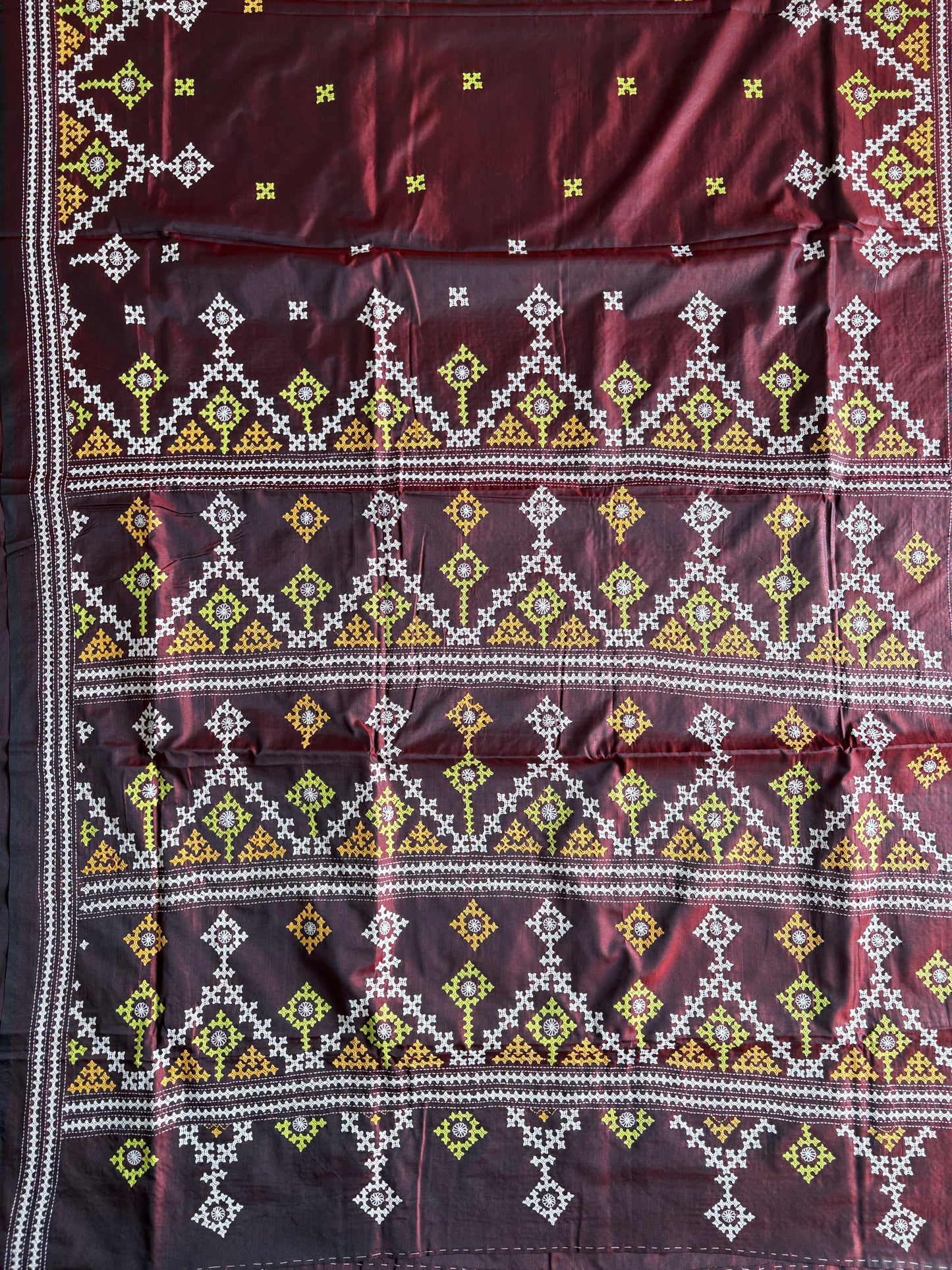 Gujrati Stitch/Kutch Hand Embroidered Art Silk Saree