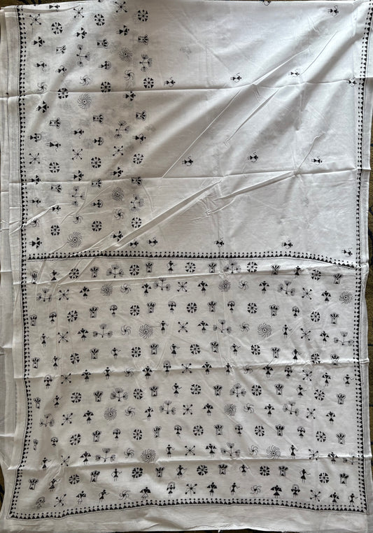 Kantha Hand Embroidered Pure Cotton Saree - white