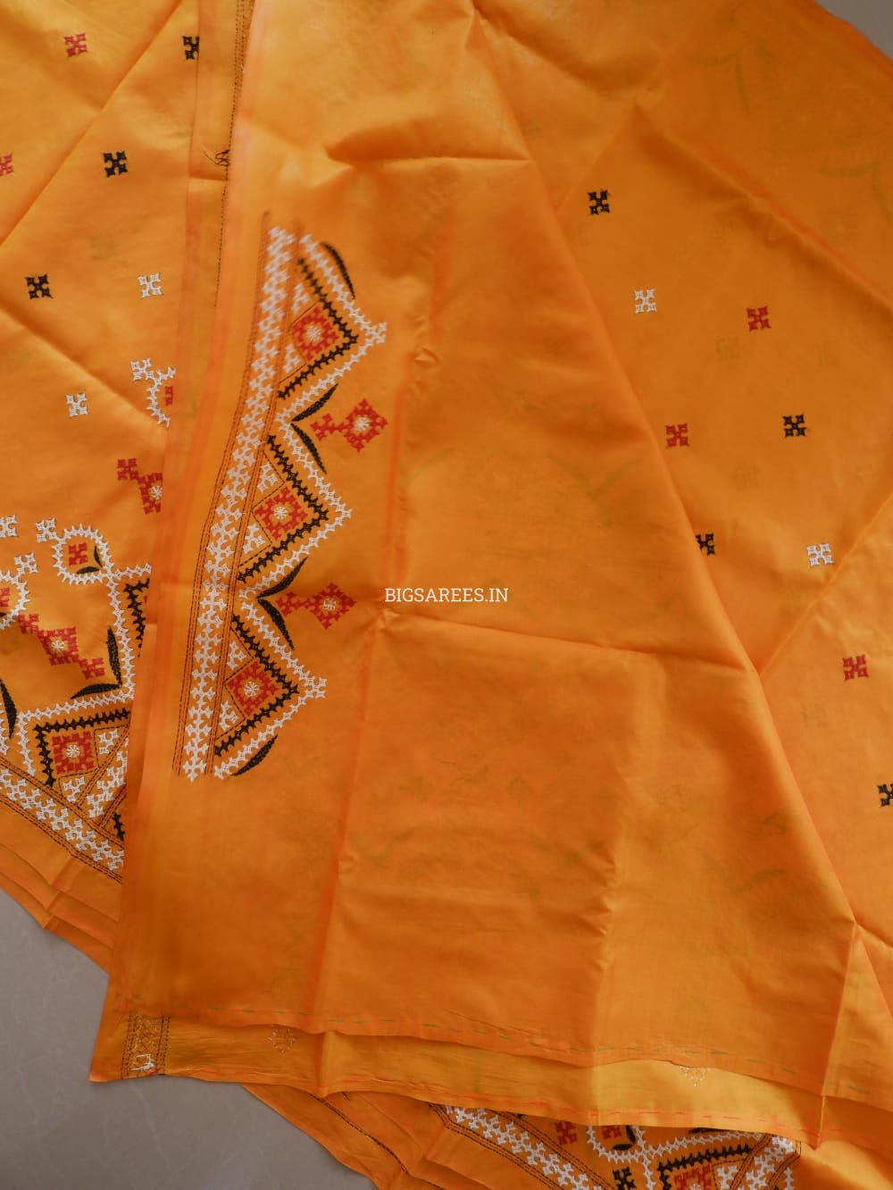 Kutch Hand Embroidered Saree| Pure Bangalore Silk | Amber