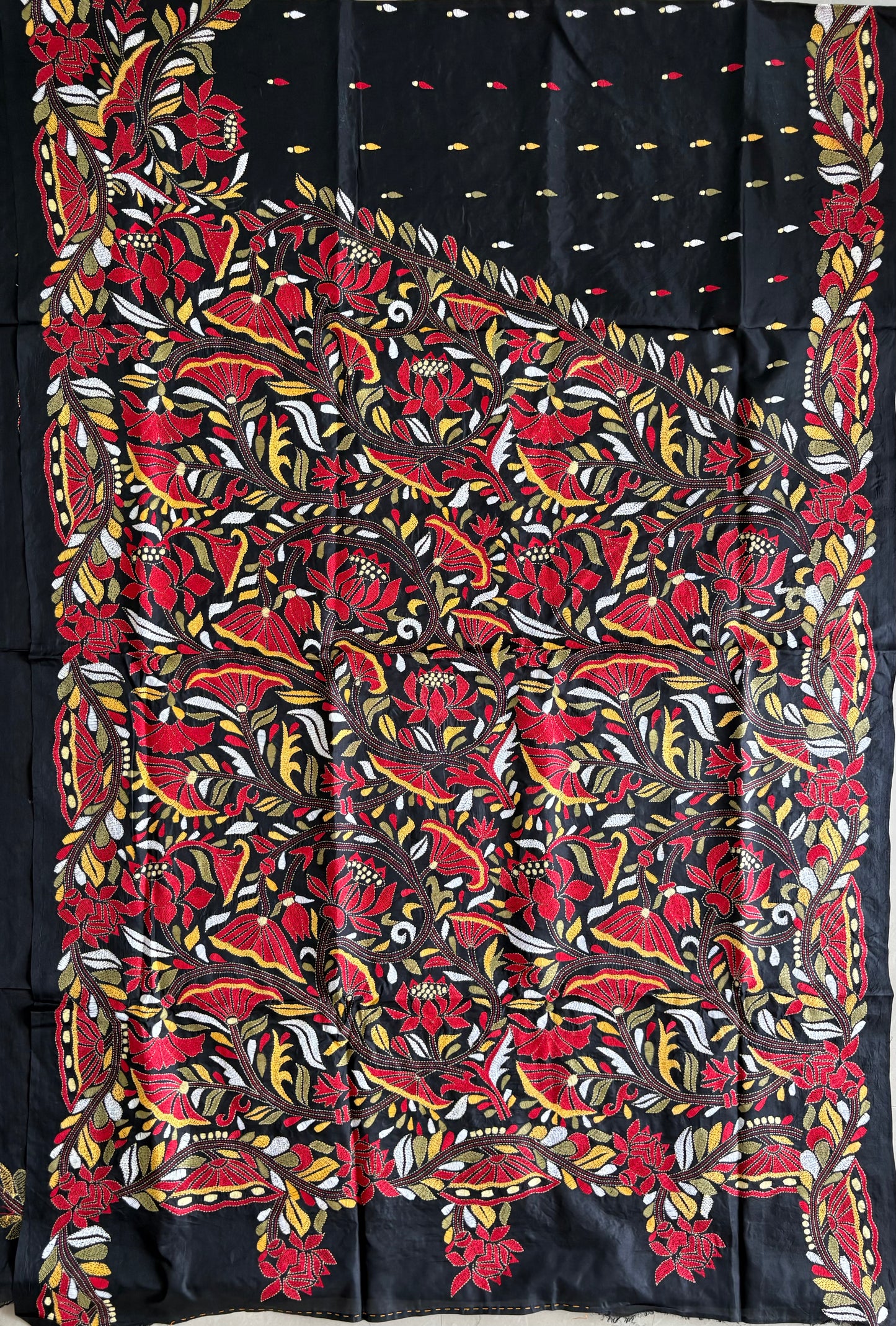 Black Kantha Stitch Hand Embroidered Pure Banglore Silk Saree (Silk Marked)