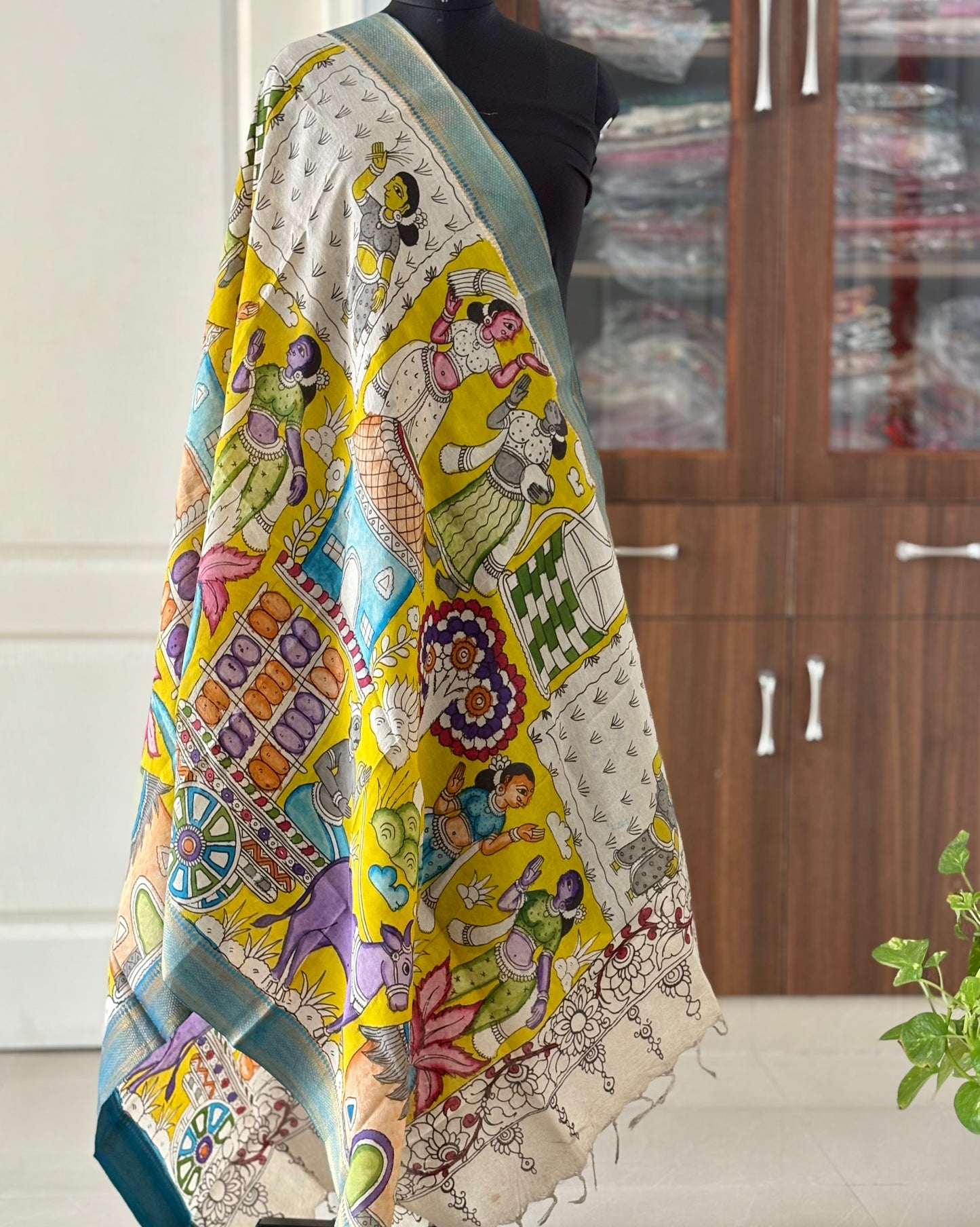 Pen Kalamkari hand painted Banglore Silk Dupatta