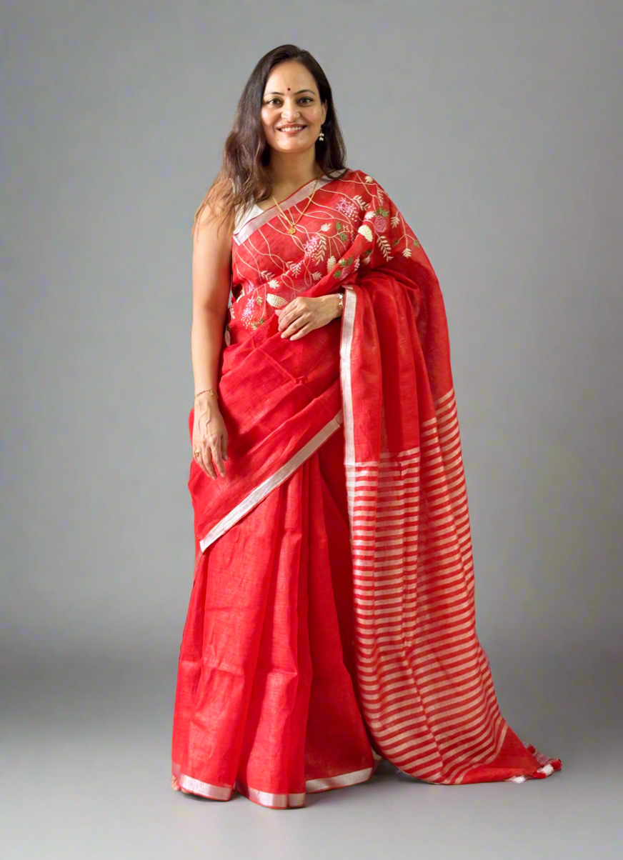 Pure Linen Saree With running Blouse - tomato Red