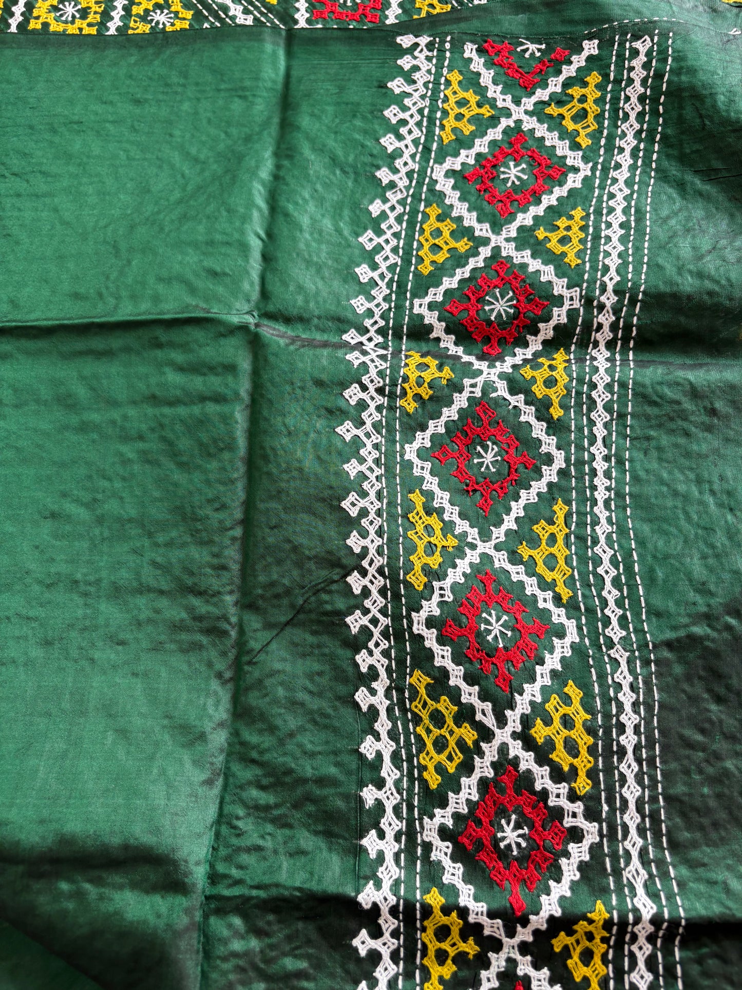 Kutch Hand Embroidered Pure Banglore Silk Saree – Green (Silk Marked)