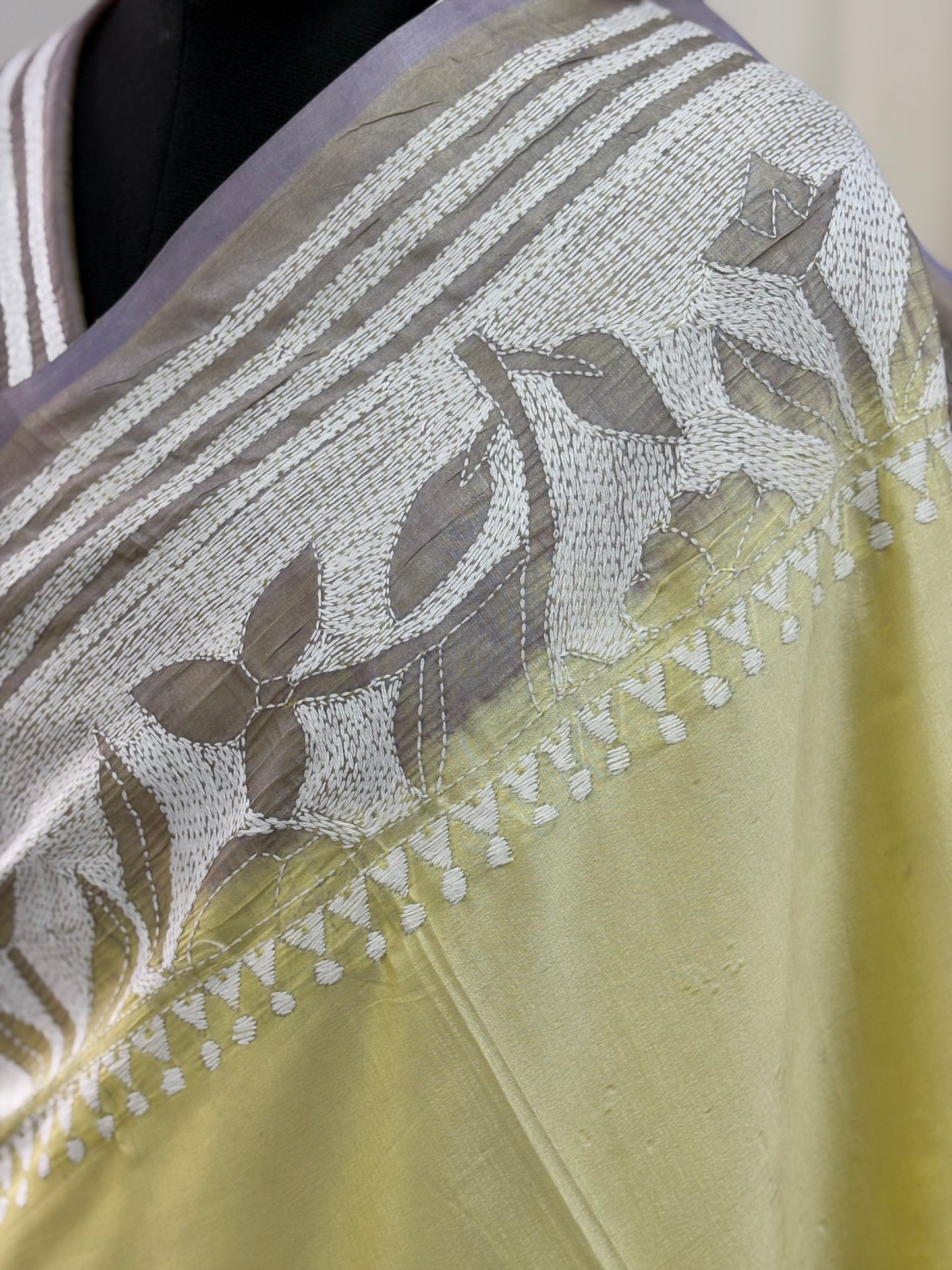 Reverse Kantha Hand Embroidered Blended Banglore Silk/Art Silk Saree With Blouse