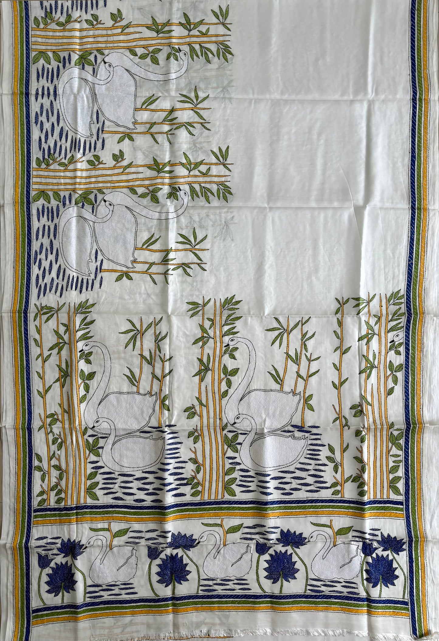Off white Kantha stitch Saree in blended Bangalore Silk / Art Silk