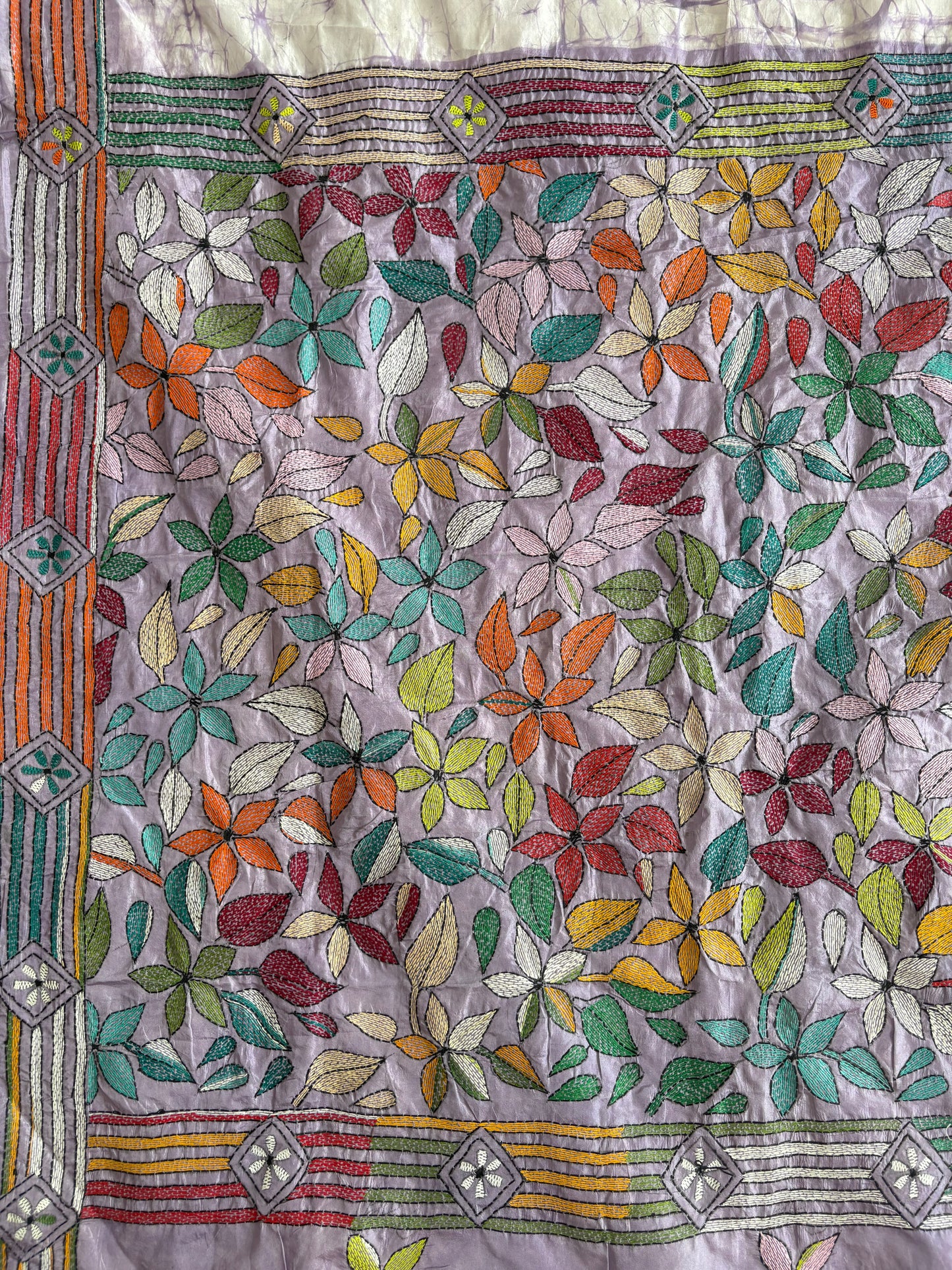 Kantha Hand Embroidered Hand Batik Art Silk Saree With Blouse