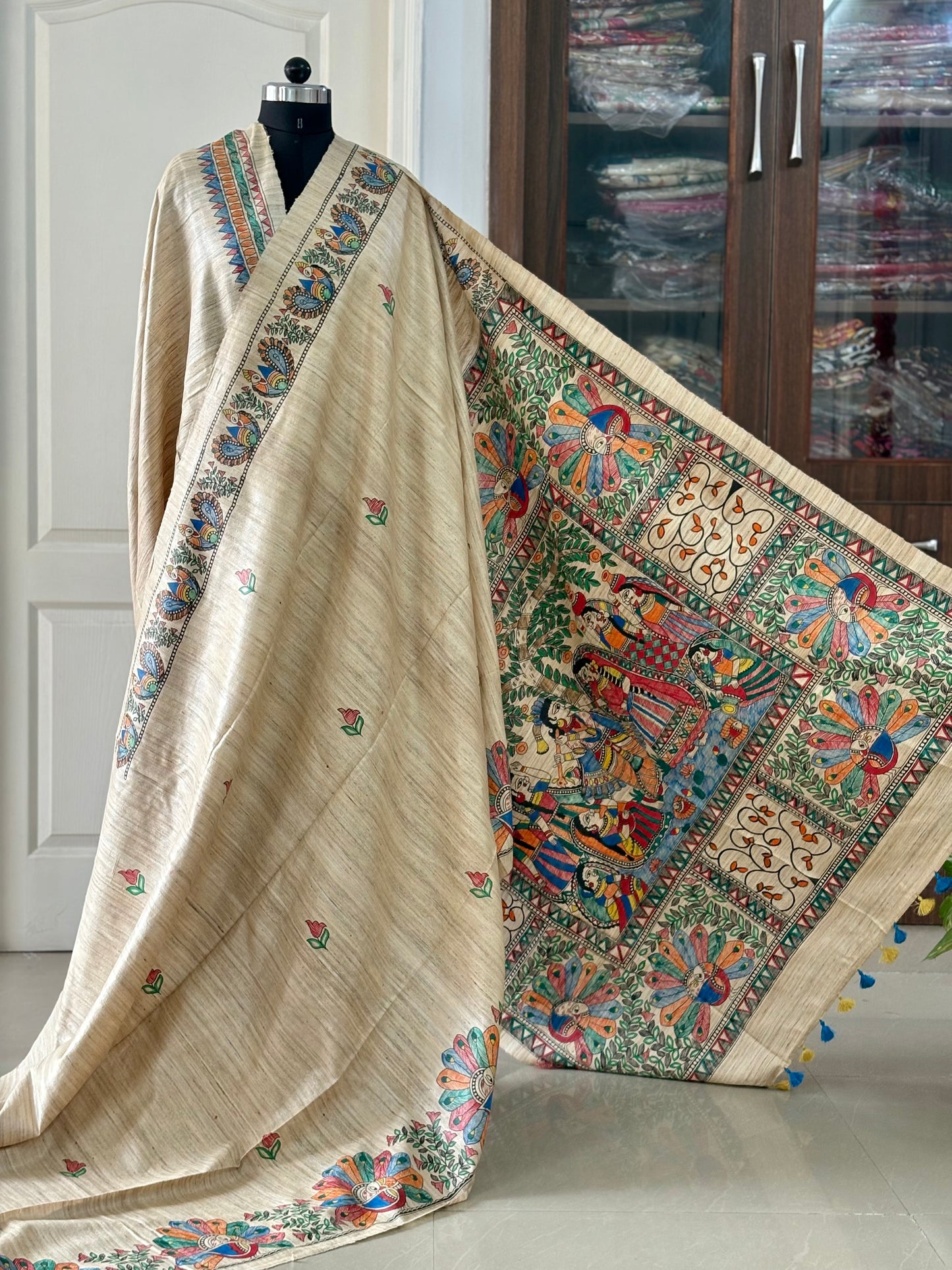 Pure Tussar Ghicha Silk Handcrafted Madhubani Saree (Silk Marked)