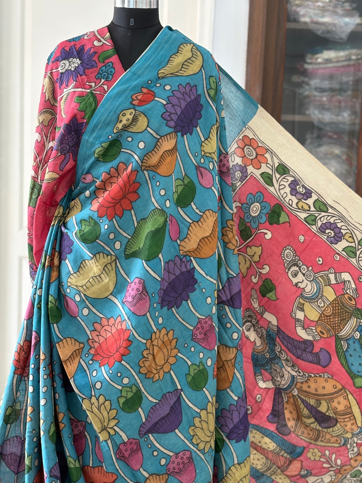 Pen Kalamkari hand painted pure cotton Saree with blouse