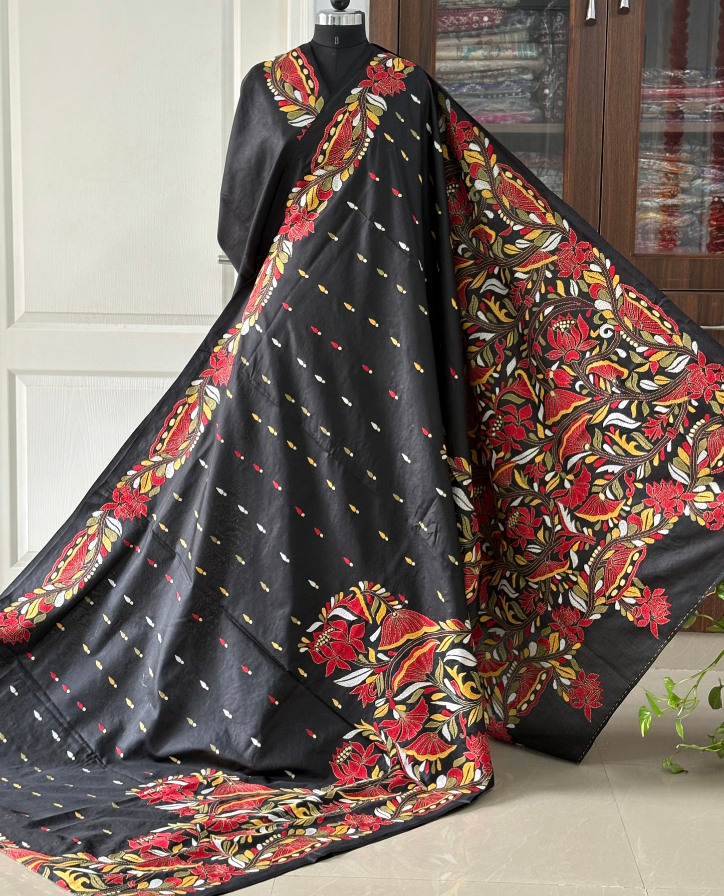Black Kantha Stitch Hand Embroidered Pure Banglore Silk Saree (Silk Marked)