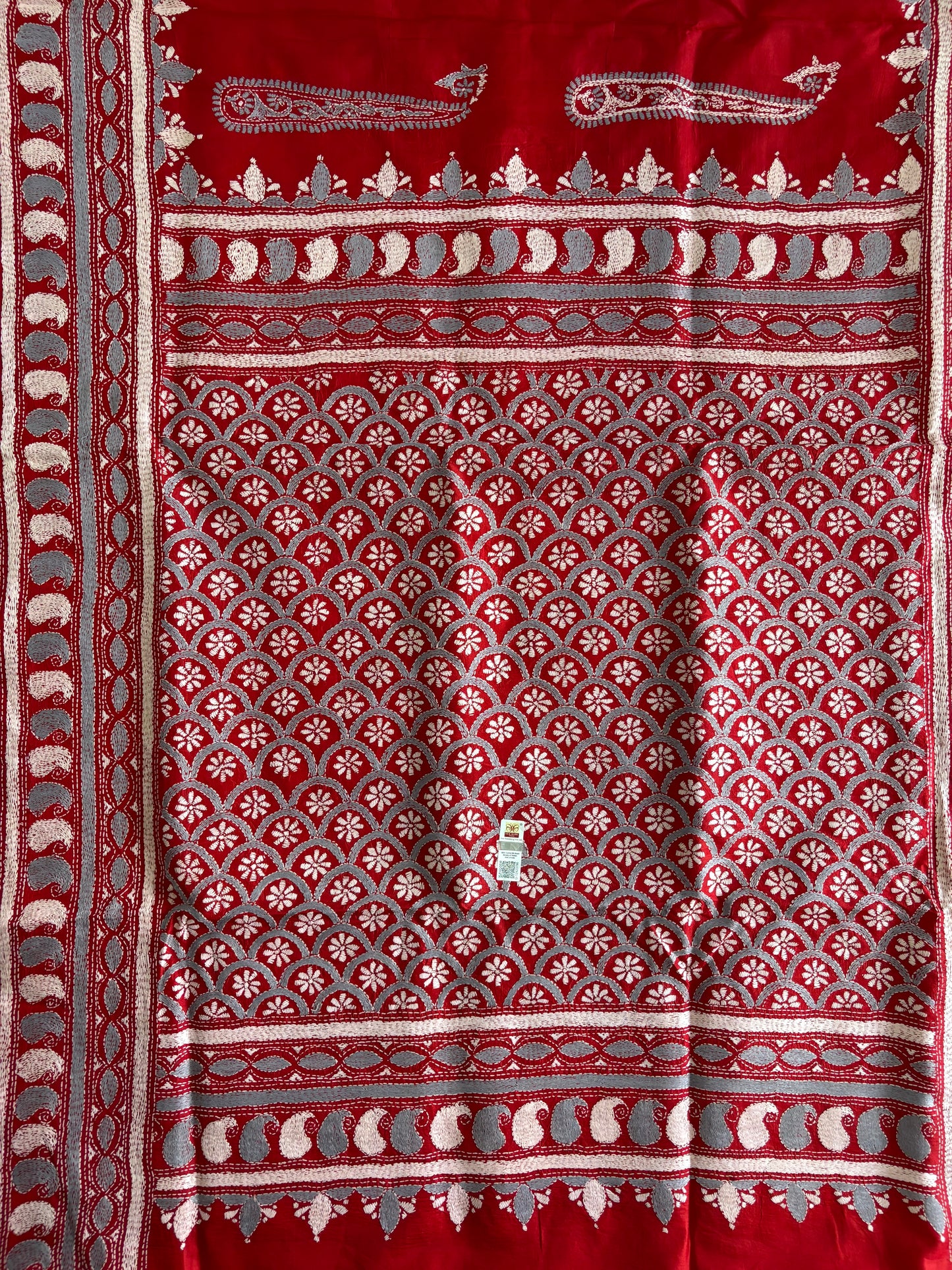 Red Kantha Stitch Hand Embroidered Pure Banglore Silk Saree (Silk Marked)