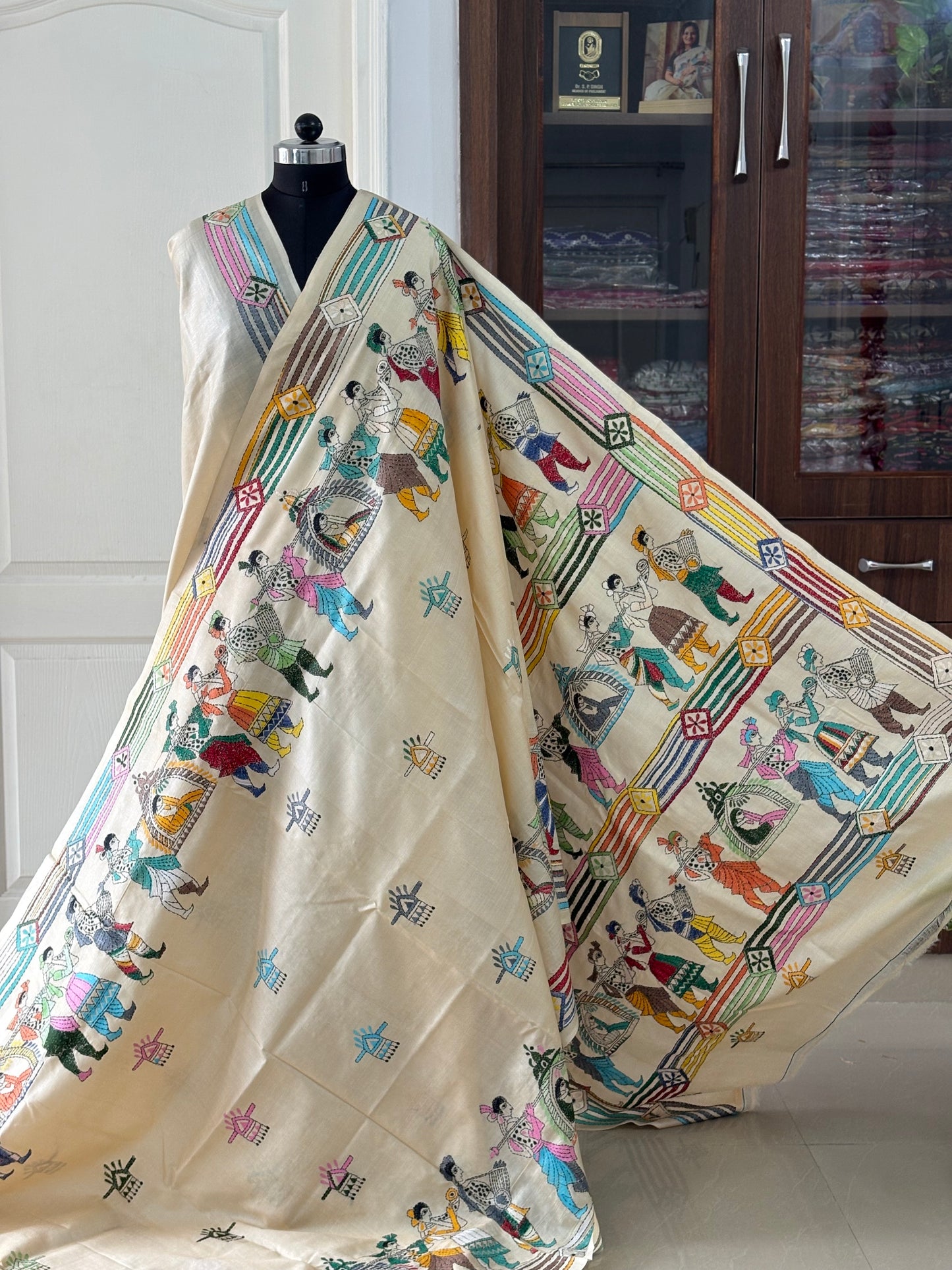 Kantha Hand Embroidered Pure Tussar Silk Saree