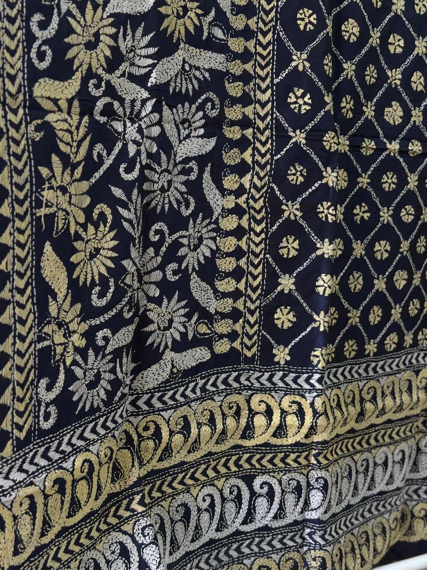 Kantha Stitch Hand Embroidary Full Work Pure Banglore Silk Dupatta - Navy Blue