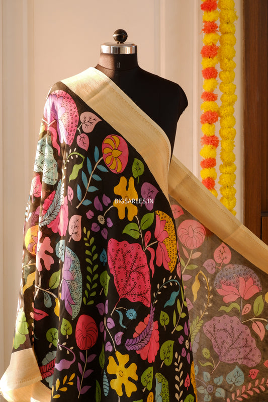 Pen Kalamkari Hand Painted Bangalore Silk Dupatta/Black/36"