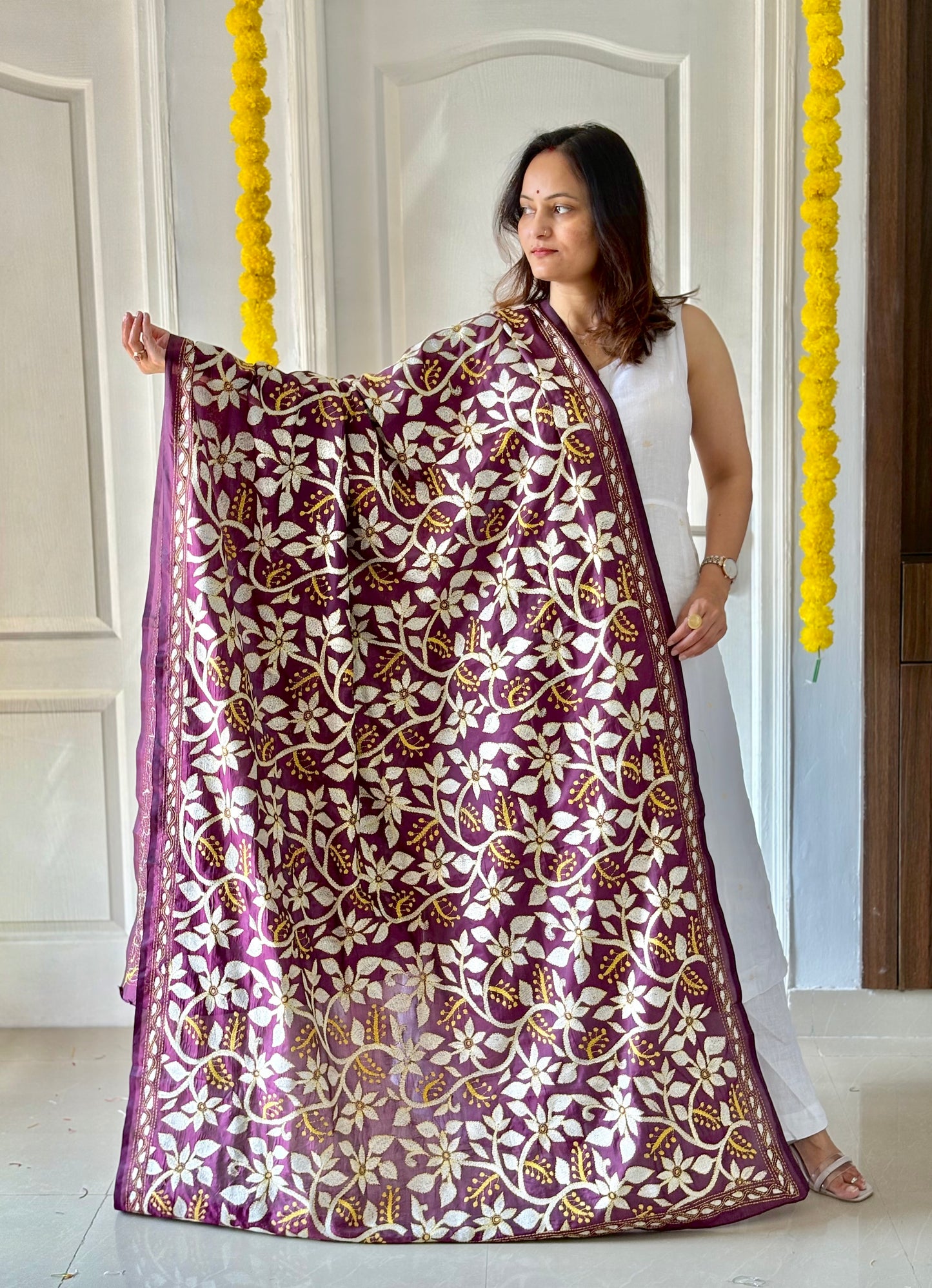 Kantha Stitch Hand Embroidary Full Work Blended Banglore Silk Dupatta 44″
