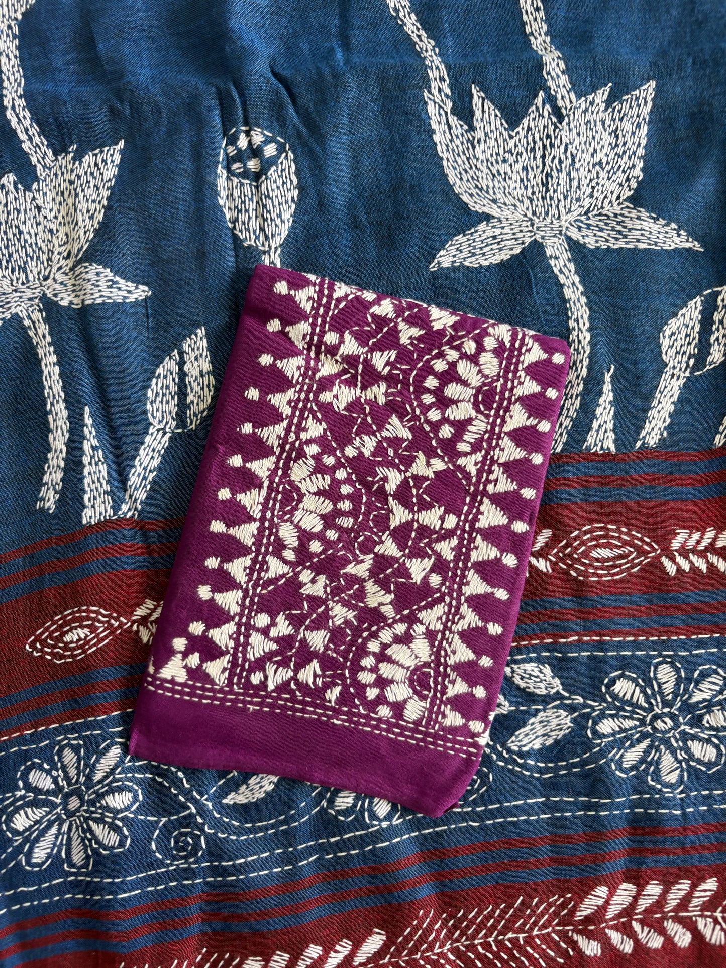 Kantha hand embroidered pure cotton saree with blouse