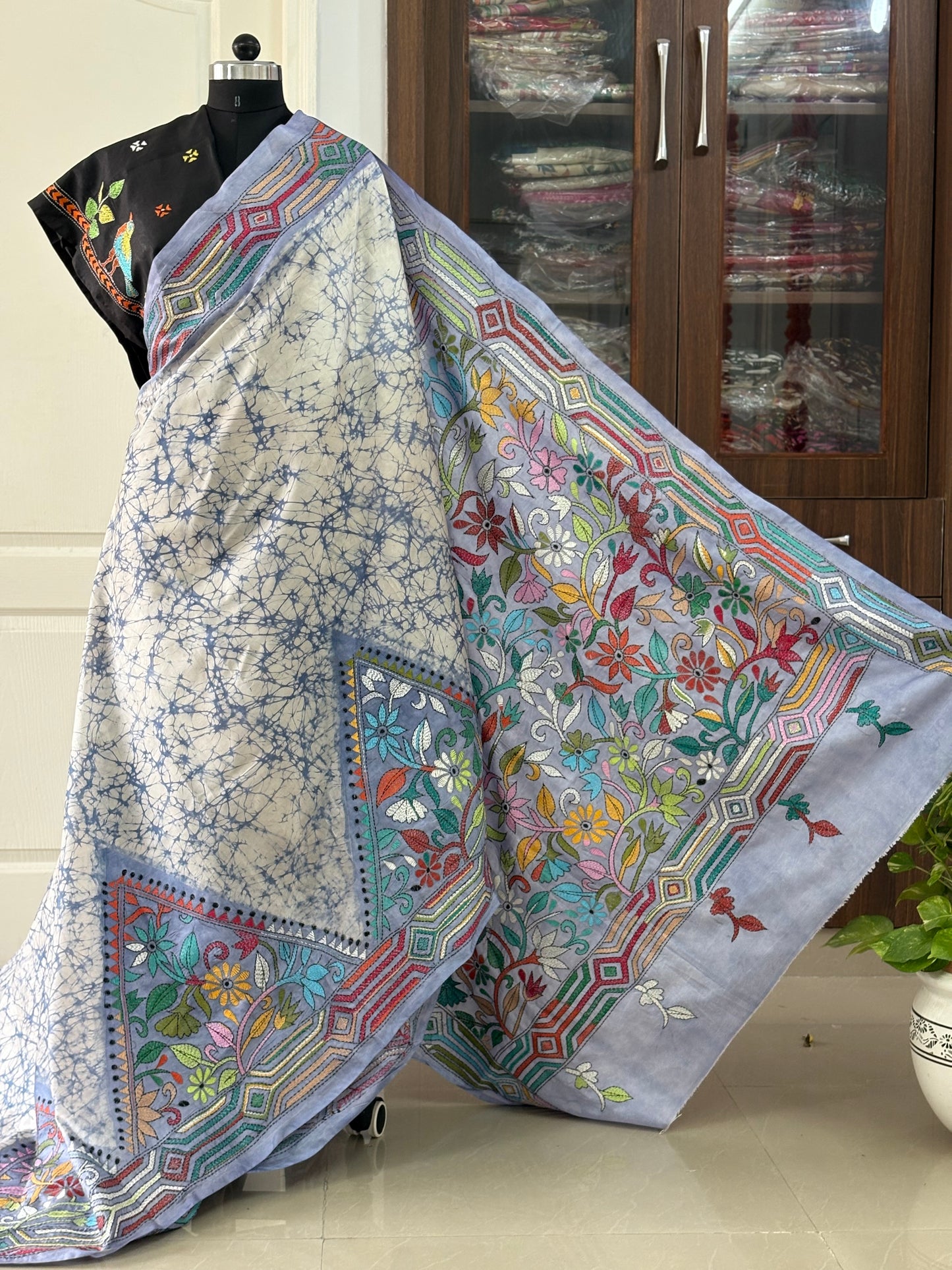 Kantha Hand Embroidered Hand Batik Art Silk Saree With Blouse