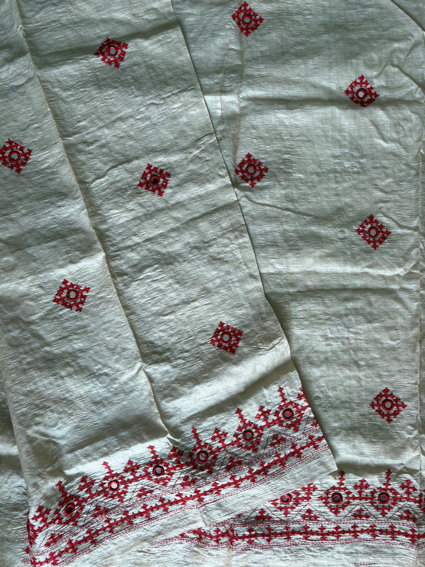 Kutch Hand Embroidered Pure Gachi Tassar Silk Saree with real mirror work