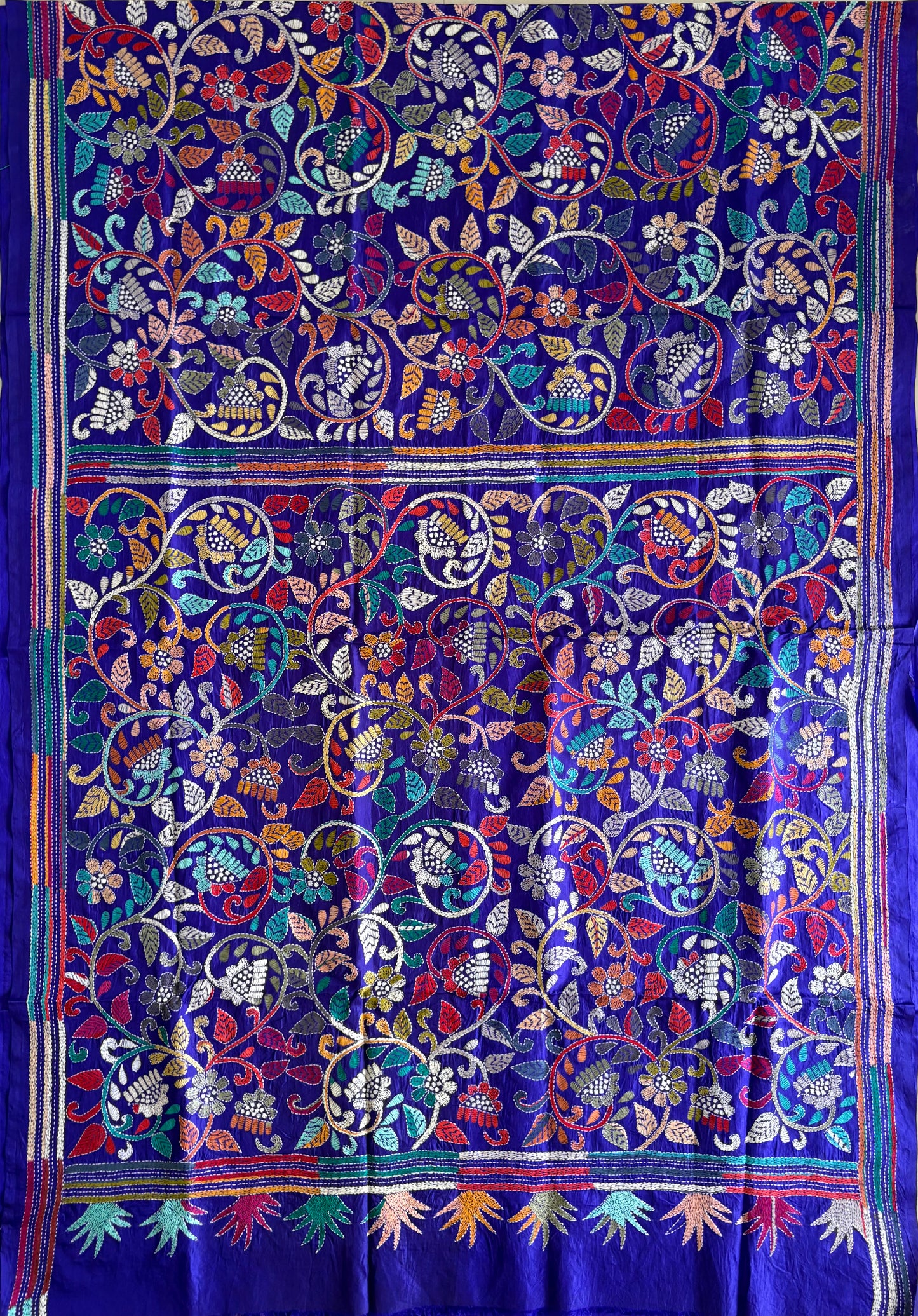 Kantha Hand Embroidered Pure Banglore Silk Saree (Silk Marked)