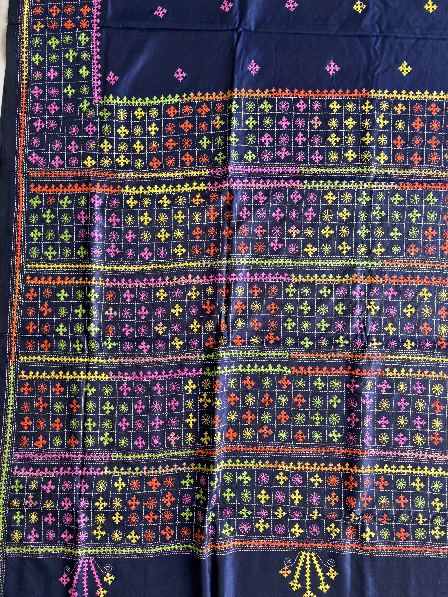Gujrati Stitch/Kutch Hand Embroidered Art Silk Saree