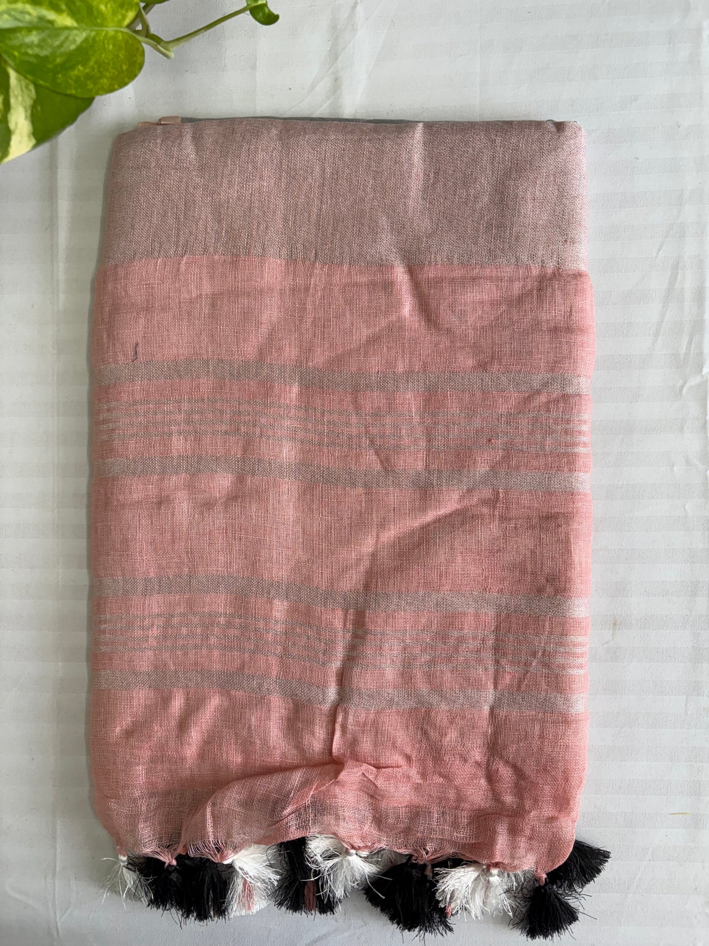 Peach silver pure Linen By Linen Saree With running Blouse