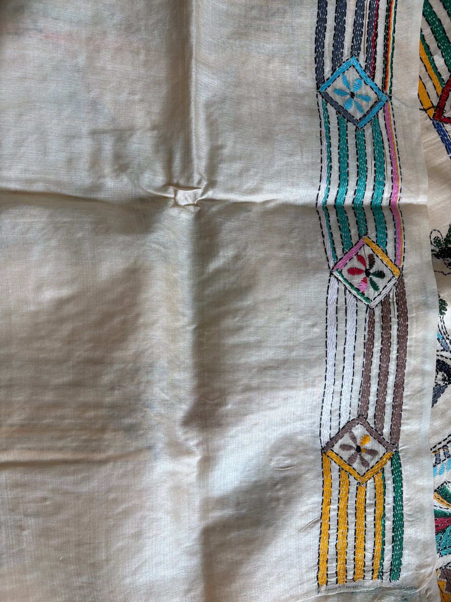 Kantha Hand Embroidered Pure Tussar Silk Saree