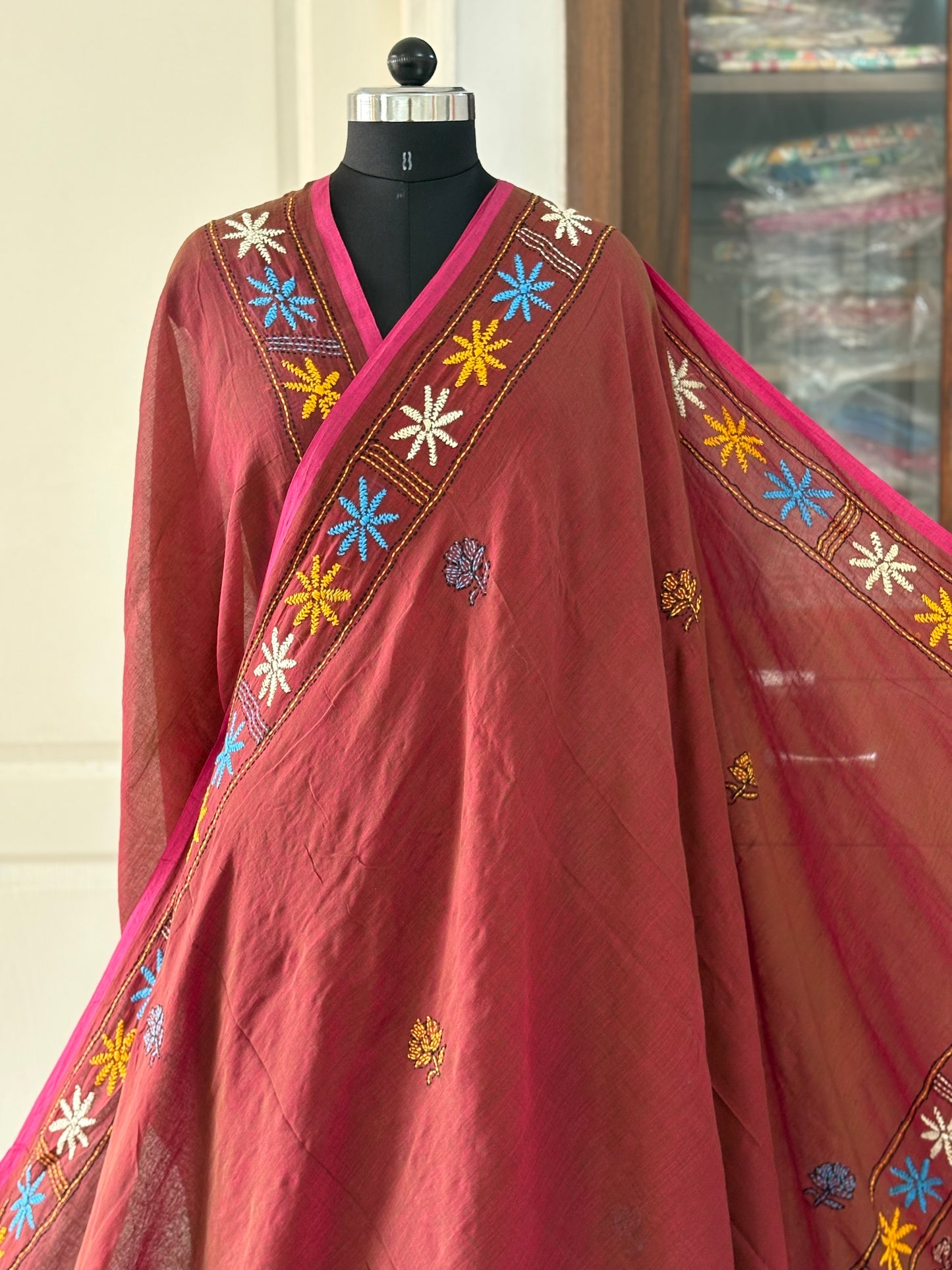 Kantha stitch Hand Embroidered Pure mul Cotton Saree
