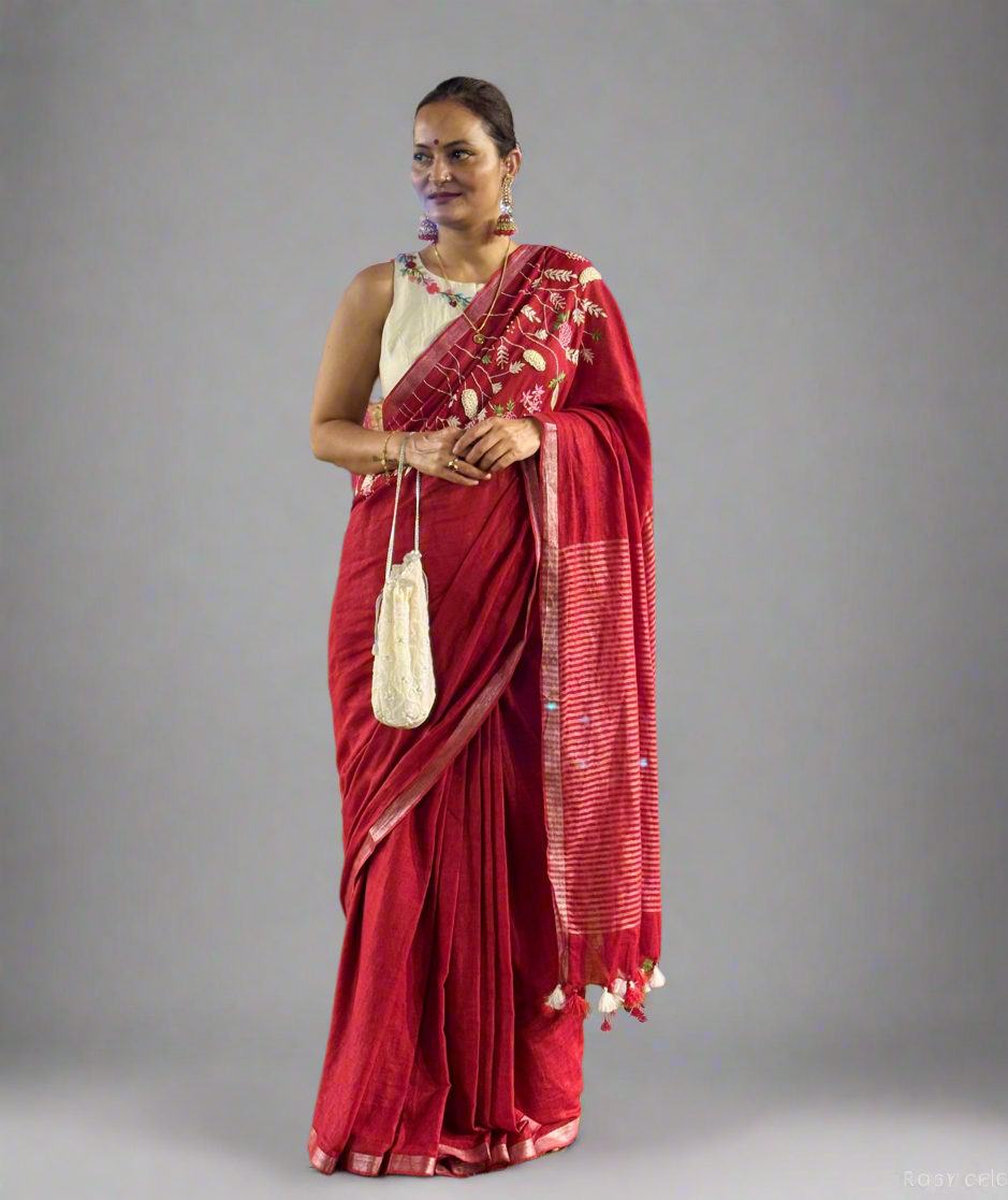 Pure Linen Saree With running Blouse - Red